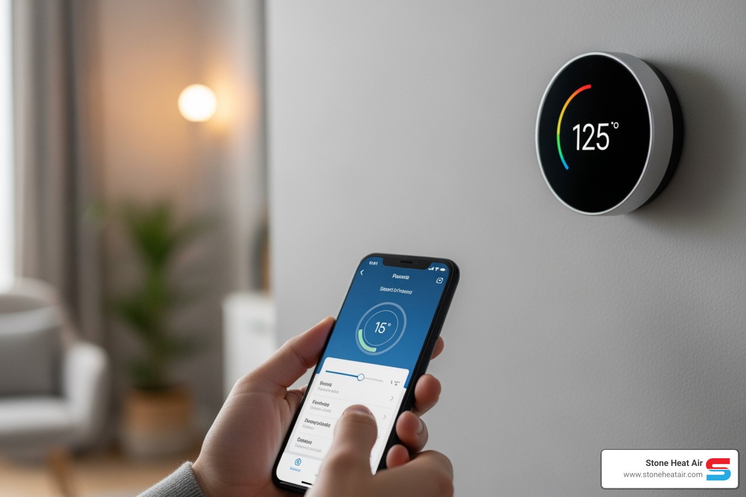 person adjusting thermostat from smartphone - best thermostat company in grants pass or person adjusting thermostat from smartphone - best thermostat company in grants pass or