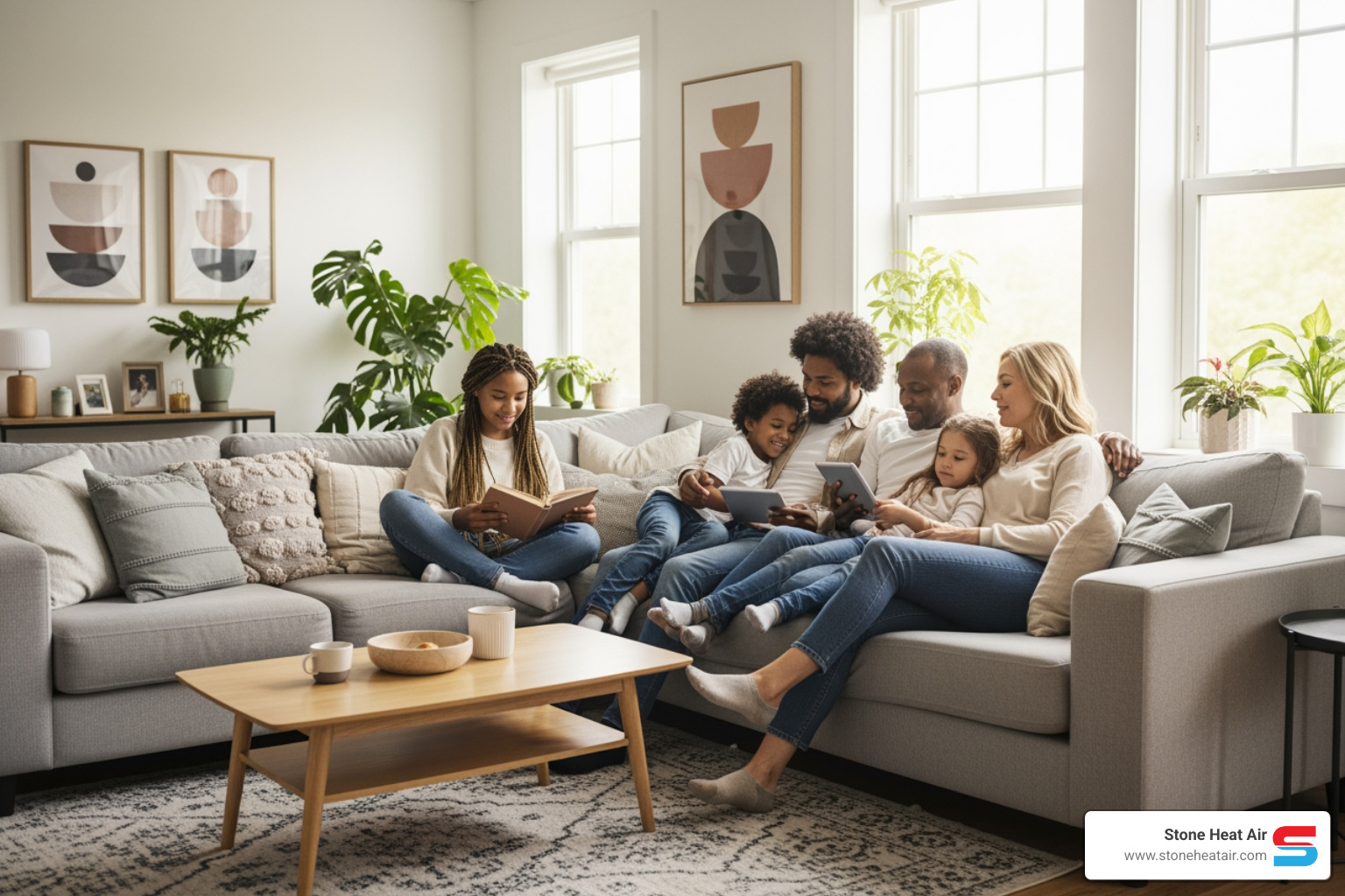 family relaxing comfortably on a sofa in a clean home - affordable duct cleaning installation in central point or family relaxing comfortably on a sofa in a clean home - affordable duct cleaning installation in central point or