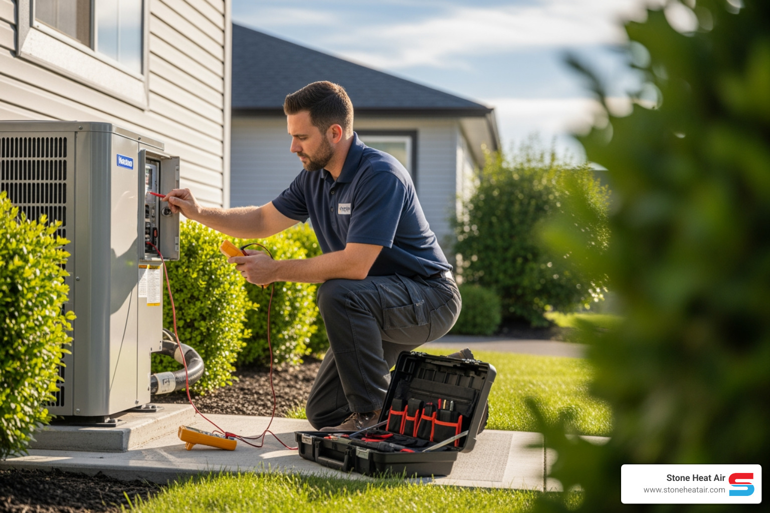 HVAC technician inspecting heat pump - heat pump blowing cold air in grants pass or