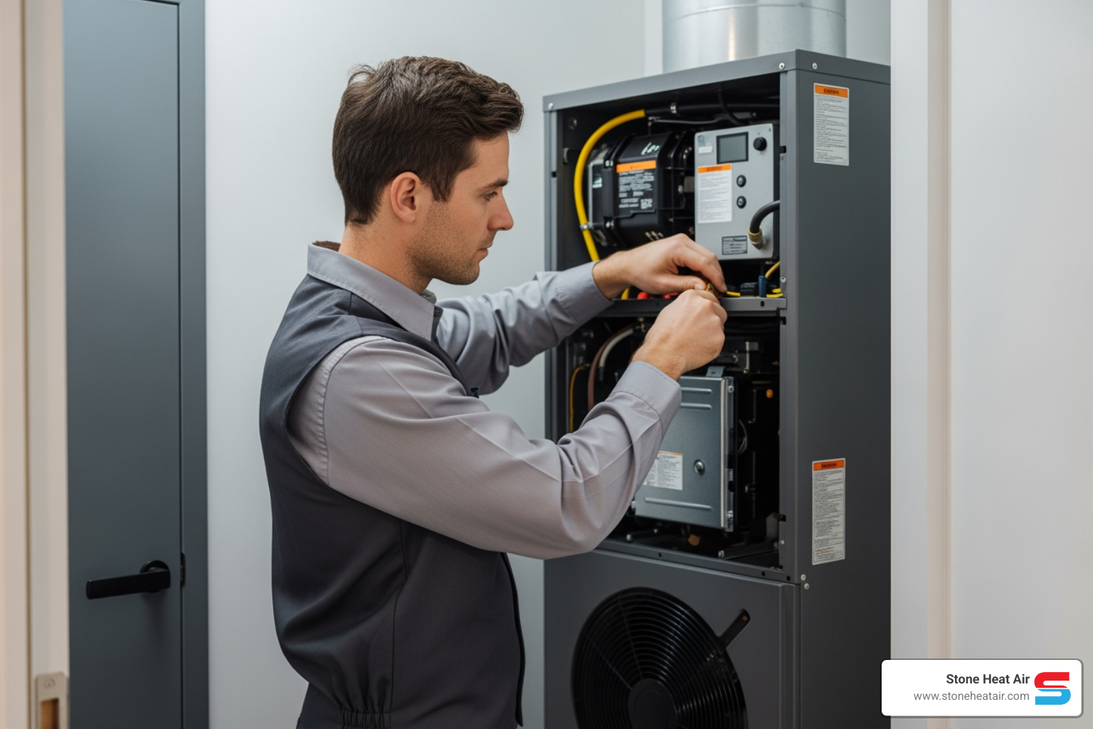 technician performing routine maintenance on a heat pump's indoor unit - best heat pump company in central point or technician performing routine maintenance on a heat pump's indoor unit - best heat pump company in central point or