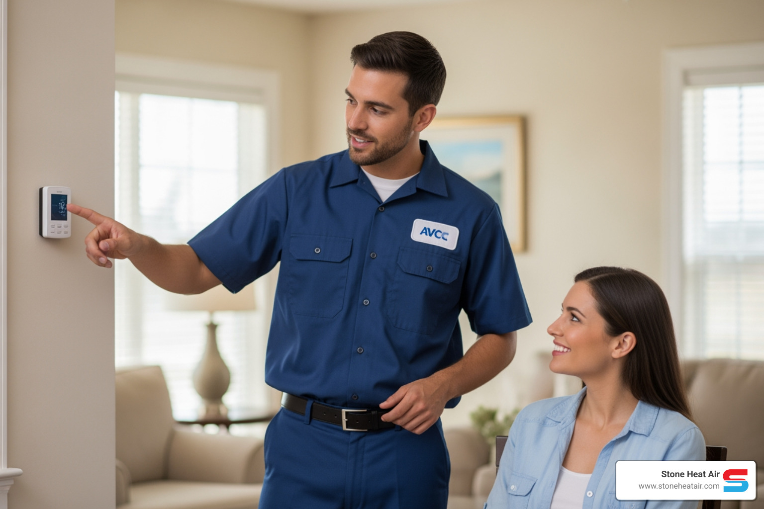 A friendly HVAC technician explaining a new thermostat to a satisfied homeowner - best thermostat company in central point or