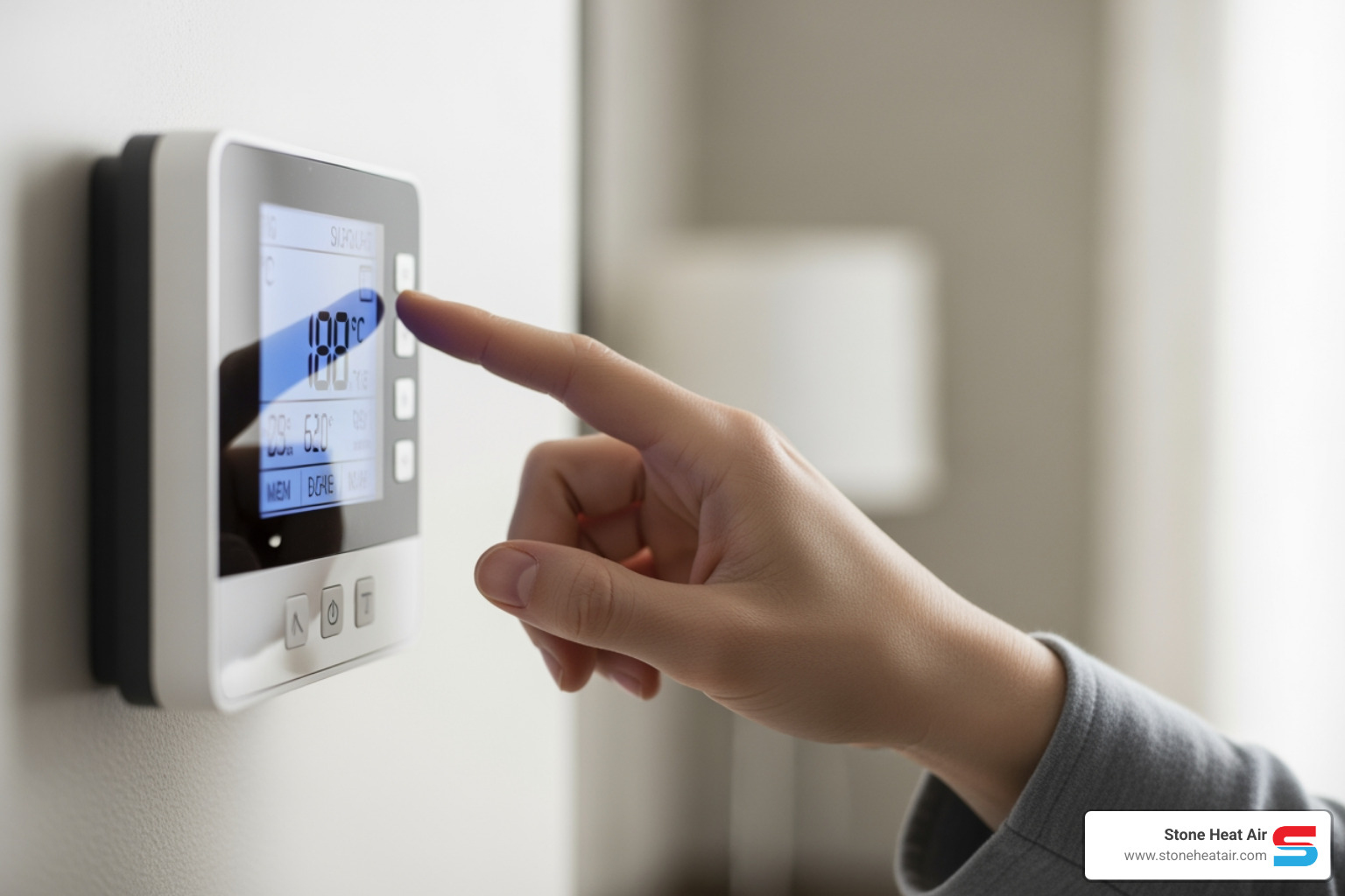 A hand adjusting a programmable thermostat to set the desired temperature - best thermostat company in central point or