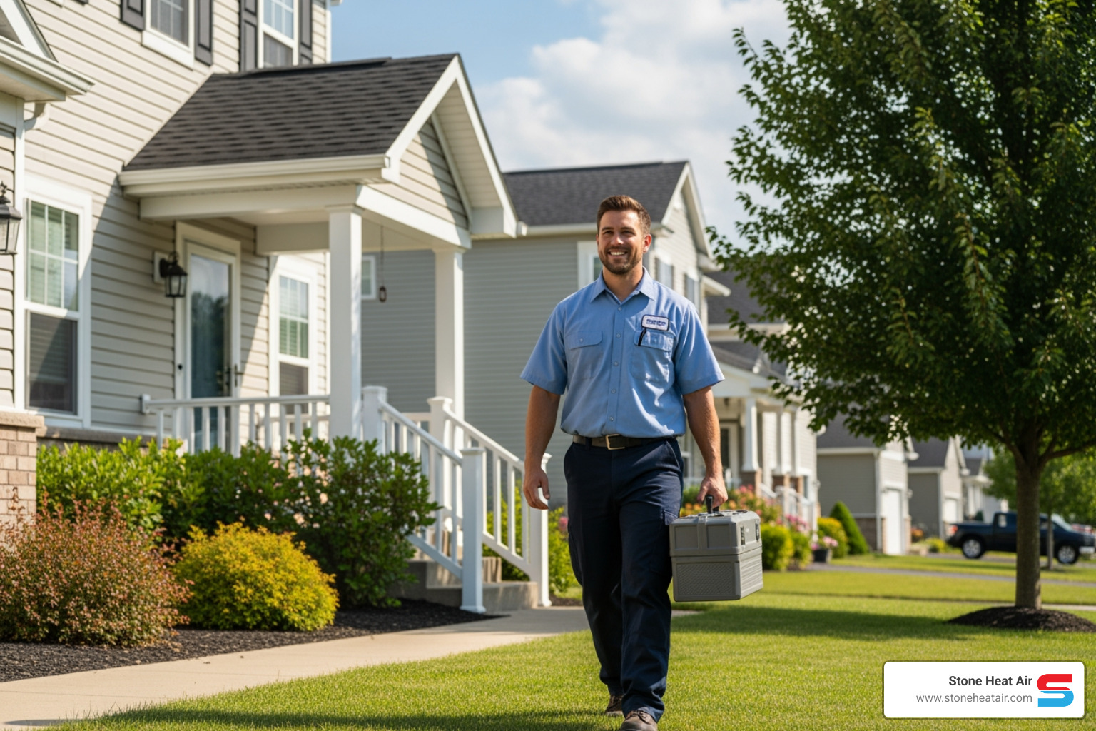 of a friendly, professional technician arriving at a home - emergency heating repair in applegate or of a friendly, professional technician arriving at a home - emergency heating repair in applegate or