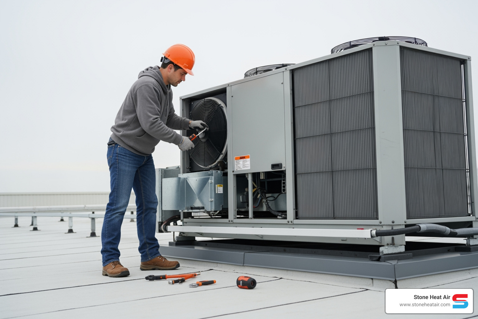 HVAC technician working on a rooftop commercial unit - 24 hour commercial hvac service in ashland or HVAC technician working on a rooftop commercial unit - 24 hour commercial hvac service in ashland or