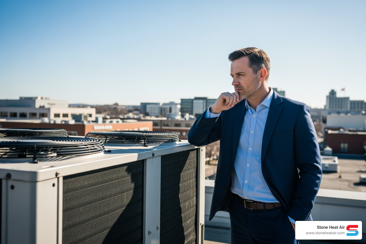 business owner looking at an HVAC unit - 24 hour commercial hvac service in ashland or business owner looking at an HVAC unit - 24 hour commercial hvac service in ashland or