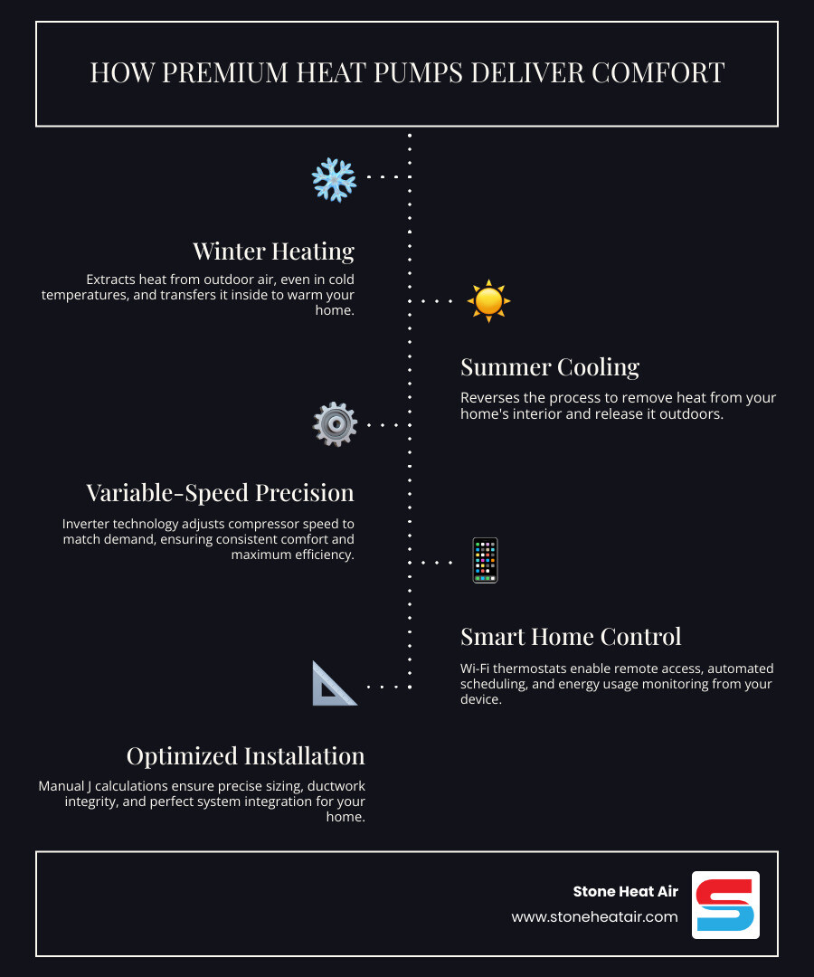 Infographic showing how premium heat pump installation works: outdoor unit extracts heat from outside air in winter and moves it indoors through refrigerant lines; in summer, the process reverses to cool your home; premium systems use variable-speed compressors to adjust output based on demand, smart thermostats for scheduling and remote control, and proper sizing through Manual J calculations to match your home's exact heating and cooling needs - premium heat pump installation in applegate or infographic infographic-line-5-steps-dark Infographic showing how premium heat pump installation works: outdoor unit extracts heat from outside air in winter and moves it indoors through refrigerant lines; in summer, the process reverses to cool your home; premium systems use variable-speed compressors to adjust output based on demand, smart thermostats for scheduling and remote control, and proper sizing through Manual J calculations to match your home's exact heating and cooling needs - premium heat pump installation in applegate or infographic infographic-line-5-steps-dark
