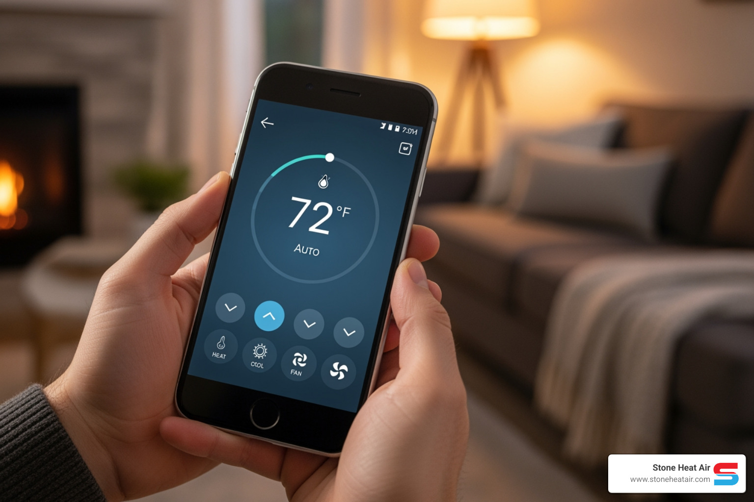 A person using a smartphone app to control their home's temperature, with a blurred background of a cozy living room - best thermostat company in central point or