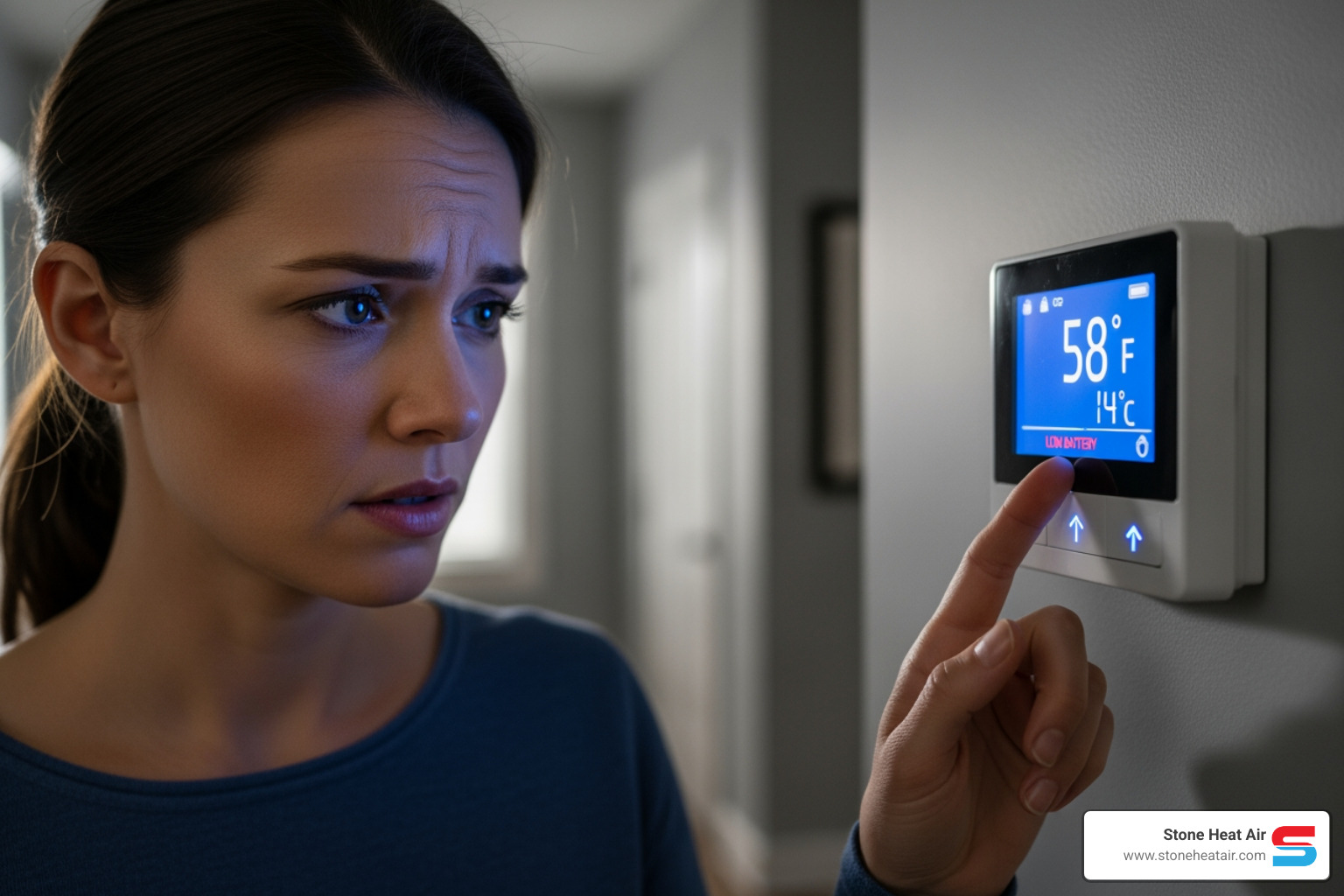 A concerned homeowner stands in front of their thermostat, looking closely at the digital display, suggesting an issue with their home's heating or cooling system. - heat pump maintenance service in eagle point or