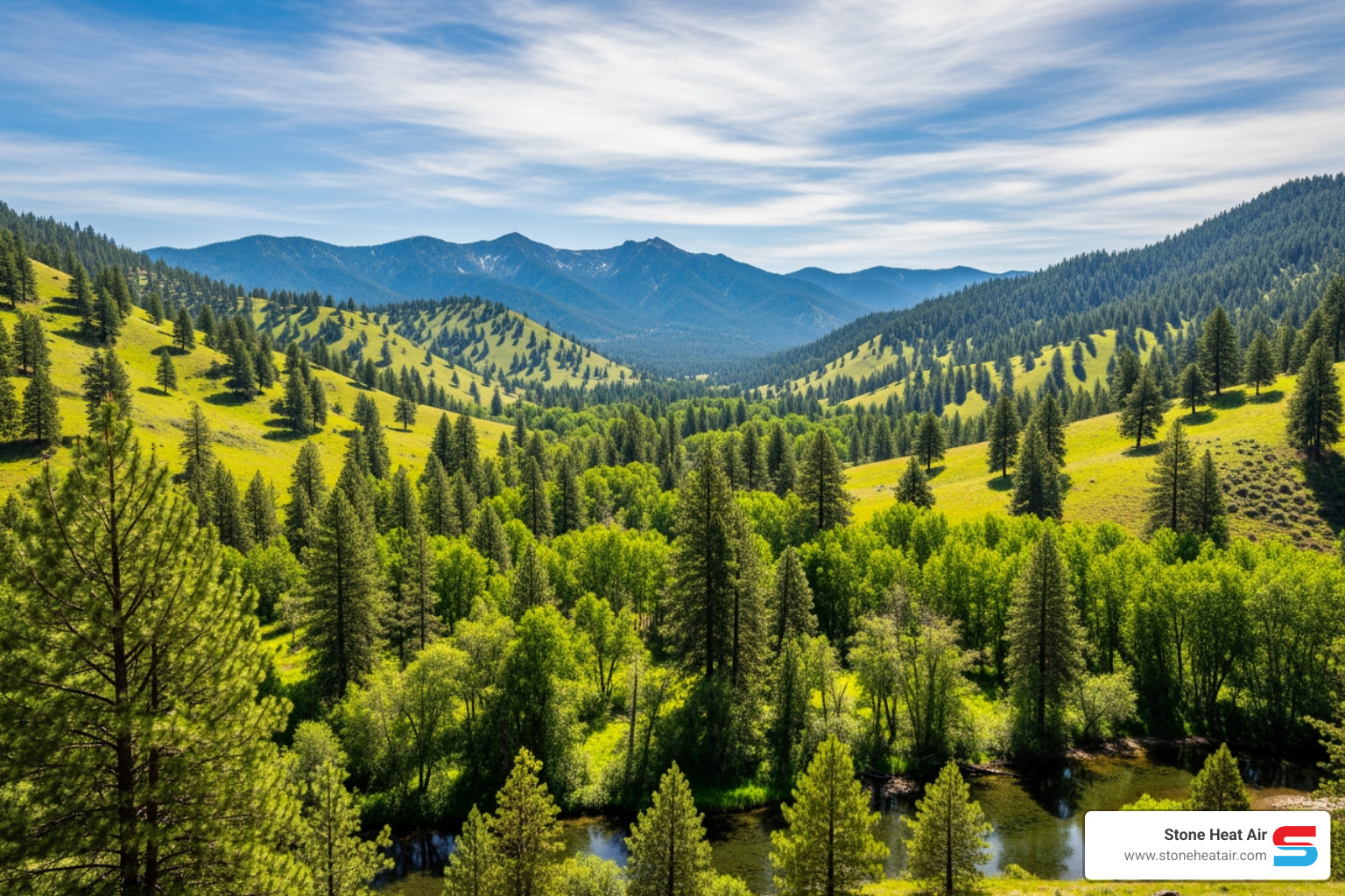 A scenic view of Eagle Point, OR, capturing the natural beauty of the area with lush greenery and distant mountains, suggesting the varied climate conditions that necessitate reliable home heating and cooling systems. - heat pump maintenance service in eagle point or