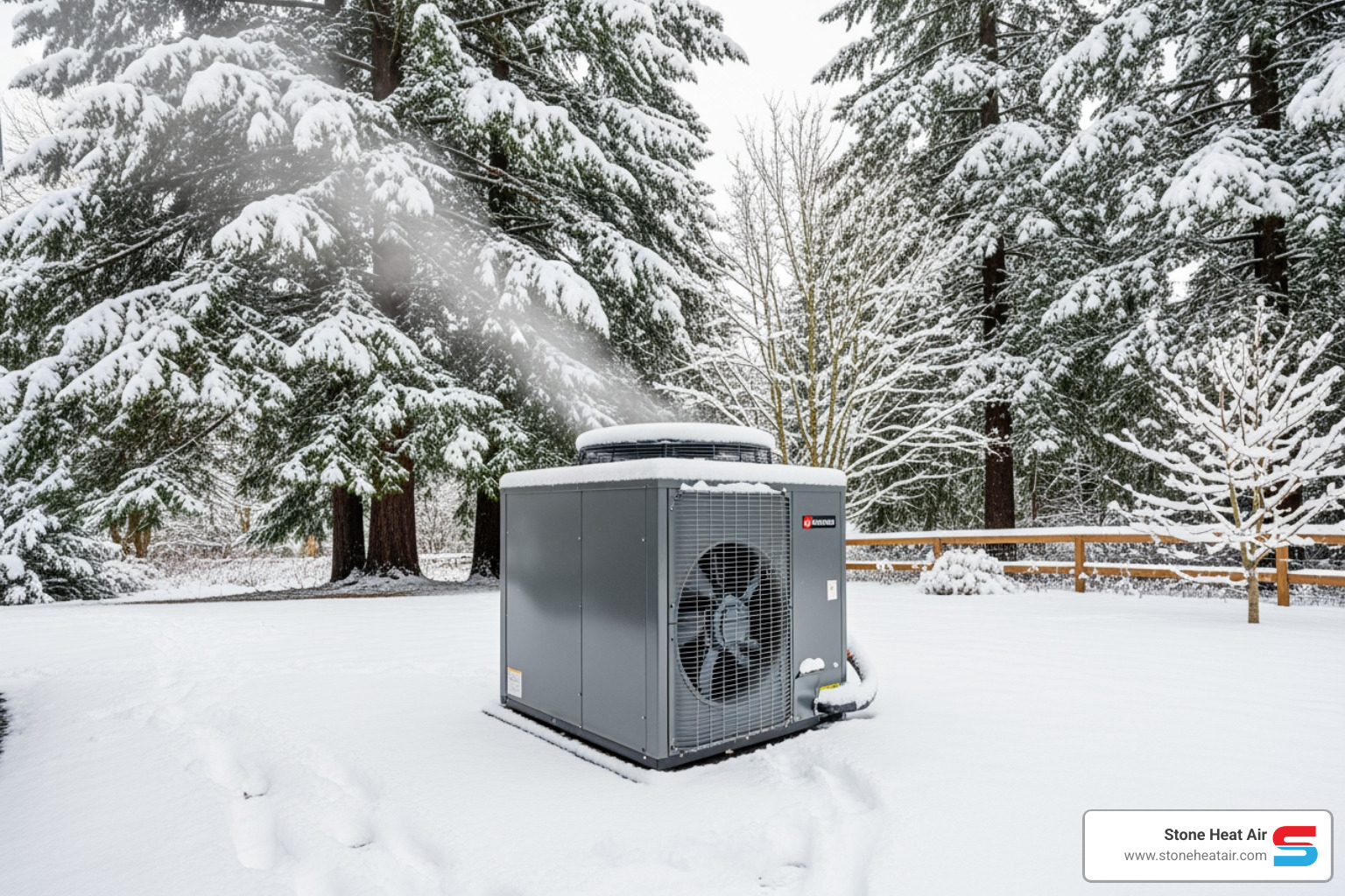 A heat pump functioning effectively in a snowy Oregon setting, highlighting its cold-weather capabilities - premium heat pump installation in applegate or A heat pump functioning effectively in a snowy Oregon setting, highlighting its cold-weather capabilities - premium heat pump installation in applegate or