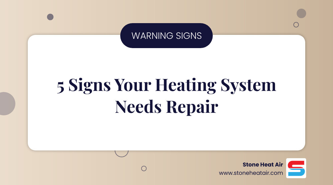 infographic showing 5 warning signs your heating system needs repair: unusual noises like banging or squealing, strange burning or gas smells, rooms heating unevenly, cold air blowing from vents, and system cycling on and off frequently - heating repair in klamath falls or infographic simple-info-landscape-card infographic showing 5 warning signs your heating system needs repair: unusual noises like banging or squealing, strange burning or gas smells, rooms heating unevenly, cold air blowing from vents, and system cycling on and off frequently - heating repair in klamath falls or infographic simple-info-landscape-card