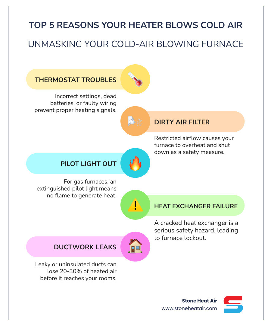 Infographic showing the top 5 reasons a furnace blows cold air: thermostat problems, dirty air filters, pilot light issues, heat exchanger failures, and ductwork leaks, with simple icons and brief explanations for each - heating blowing cold air in medford or infographic infographic-line-5-steps-colors Infographic showing the top 5 reasons a furnace blows cold air: thermostat problems, dirty air filters, pilot light issues, heat exchanger failures, and ductwork leaks, with simple icons and brief explanations for each - heating blowing cold air in medford or infographic infographic-line-5-steps-colors