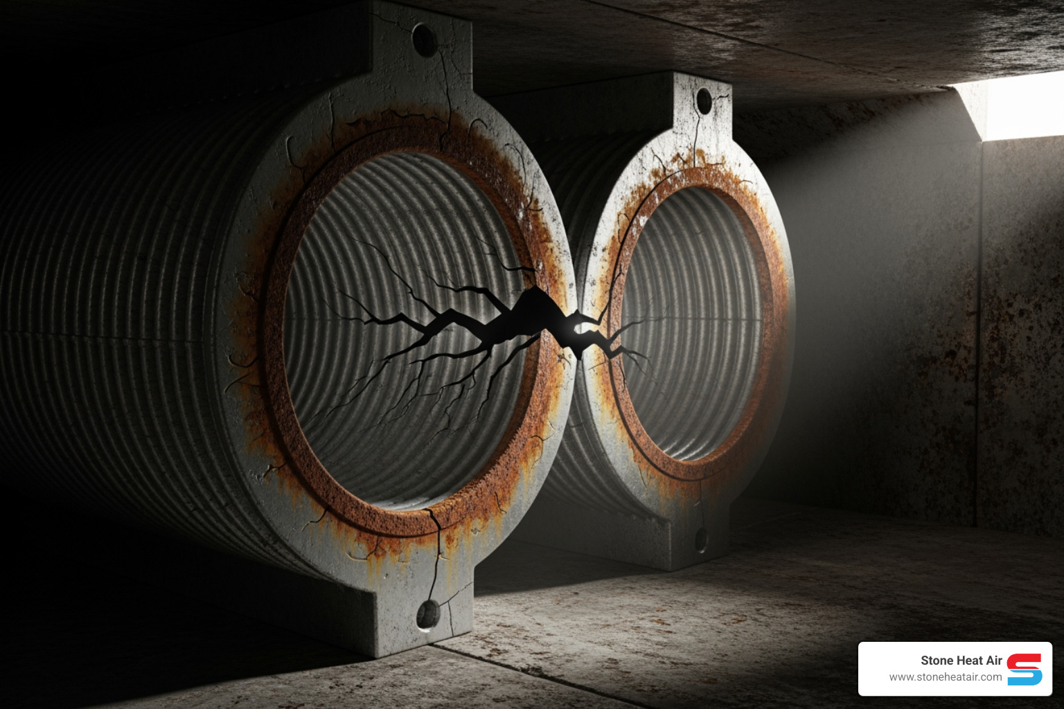 Cracked heat exchanger inside a furnace, highlighting the danger of carbon monoxide leaks - heating blowing cold air in medford or Cracked heat exchanger inside a furnace, highlighting the danger of carbon monoxide leaks - heating blowing cold air in medford or