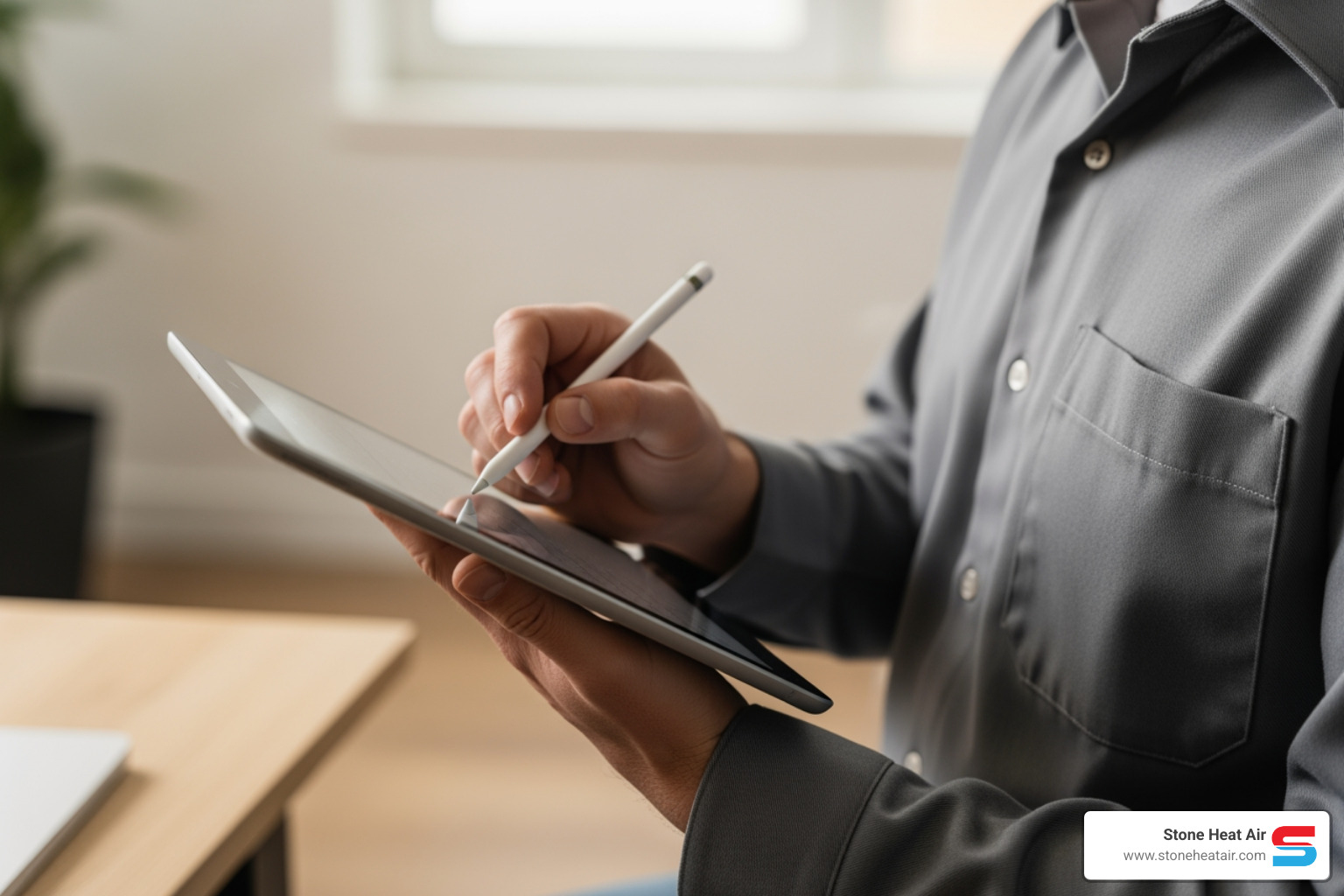 HVAC technician performing calculations on a tablet, likely a Manual J Load Calculation - heating blowing cold air in medford or HVAC technician performing calculations on a tablet, likely a Manual J Load Calculation - heating blowing cold air in medford or