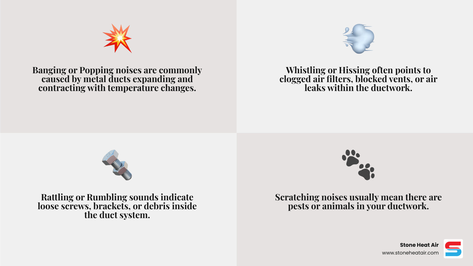 infographic showing cross-section of home ductwork system with labeled components including supply ducts, return ducts, air handler, vents, and arrows indicating airflow direction through rooms; includes callouts for common noise sources like loose connections, blocked vents, dirty filters, and temperature-induced expansion points - duct cleaning making noise in grants pass or infographic 4_facts_emoji_grey
