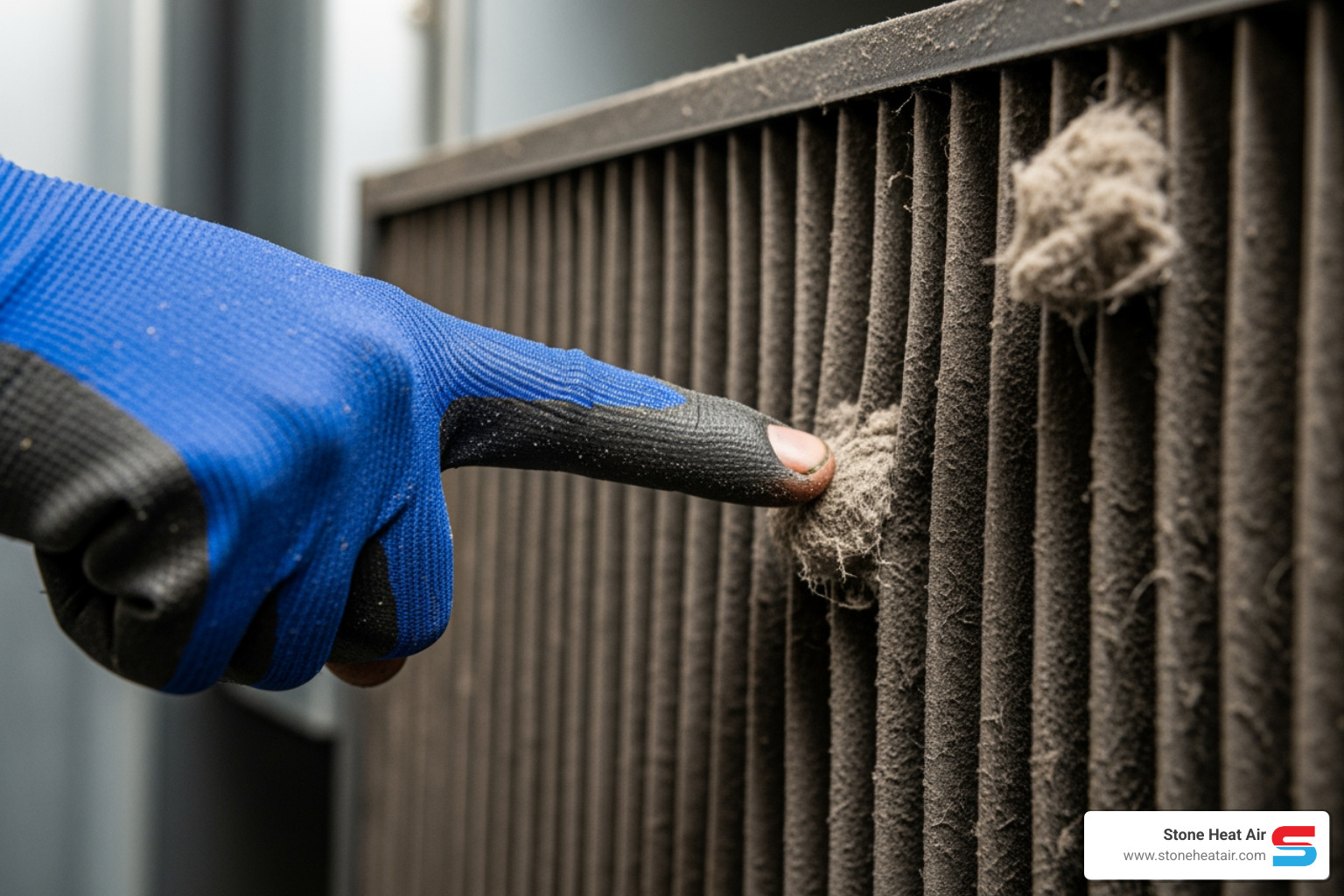 hand pointing to a dirty, clogged air filter - duct cleaning making noise in grants pass or