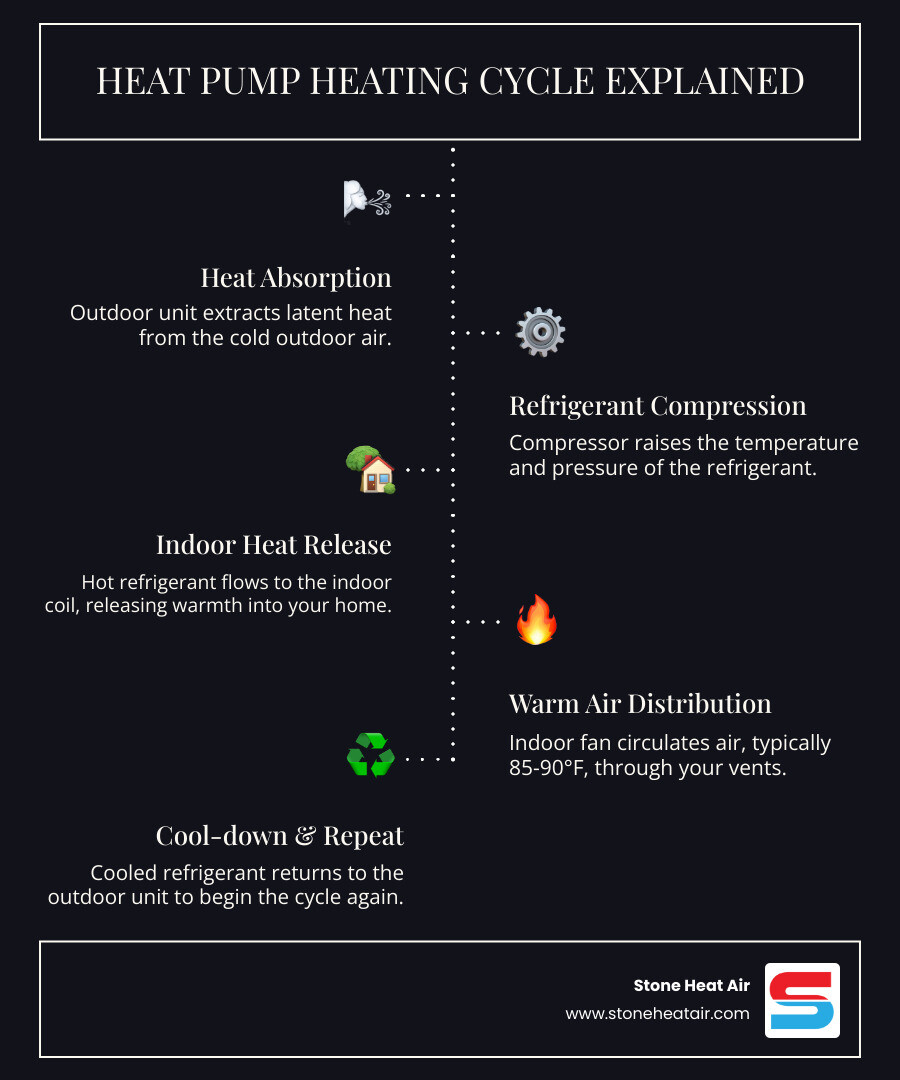 Infographic showing heat pump operation in heating mode: outdoor unit absorbs heat from cold air, compressor pressurizes refrigerant, reversing valve directs flow to indoor coil, warm air distributed throughout home, with labels indicating normal operating temperatures of 85-90°F at vents - heat pump blowing cold air in klamath falls or infographic infographic-line-5-steps-dark Infographic showing heat pump operation in heating mode: outdoor unit absorbs heat from cold air, compressor pressurizes refrigerant, reversing valve directs flow to indoor coil, warm air distributed throughout home, with labels indicating normal operating temperatures of 85-90°F at vents - heat pump blowing cold air in klamath falls or infographic infographic-line-5-steps-dark