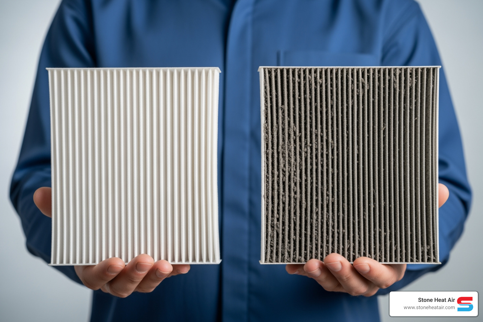 person holding clean and dirty air filter - heat pump blowing cold air in klamath falls or person holding clean and dirty air filter - heat pump blowing cold air in klamath falls or