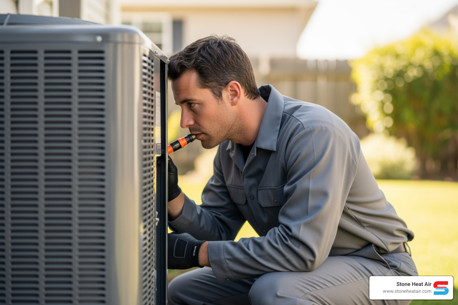 professional HVAC technician inspecting outdoor unit - heat pump blowing cold air in klamath falls or professional HVAC technician inspecting outdoor unit - heat pump blowing cold air in klamath falls or