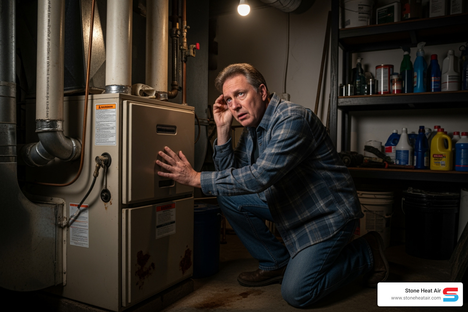 homeowner looking concerned at a thermostat or listening to a noisy furnace - best heating company in central point or homeowner looking concerned at a thermostat or listening to a noisy furnace - best heating company in central point or