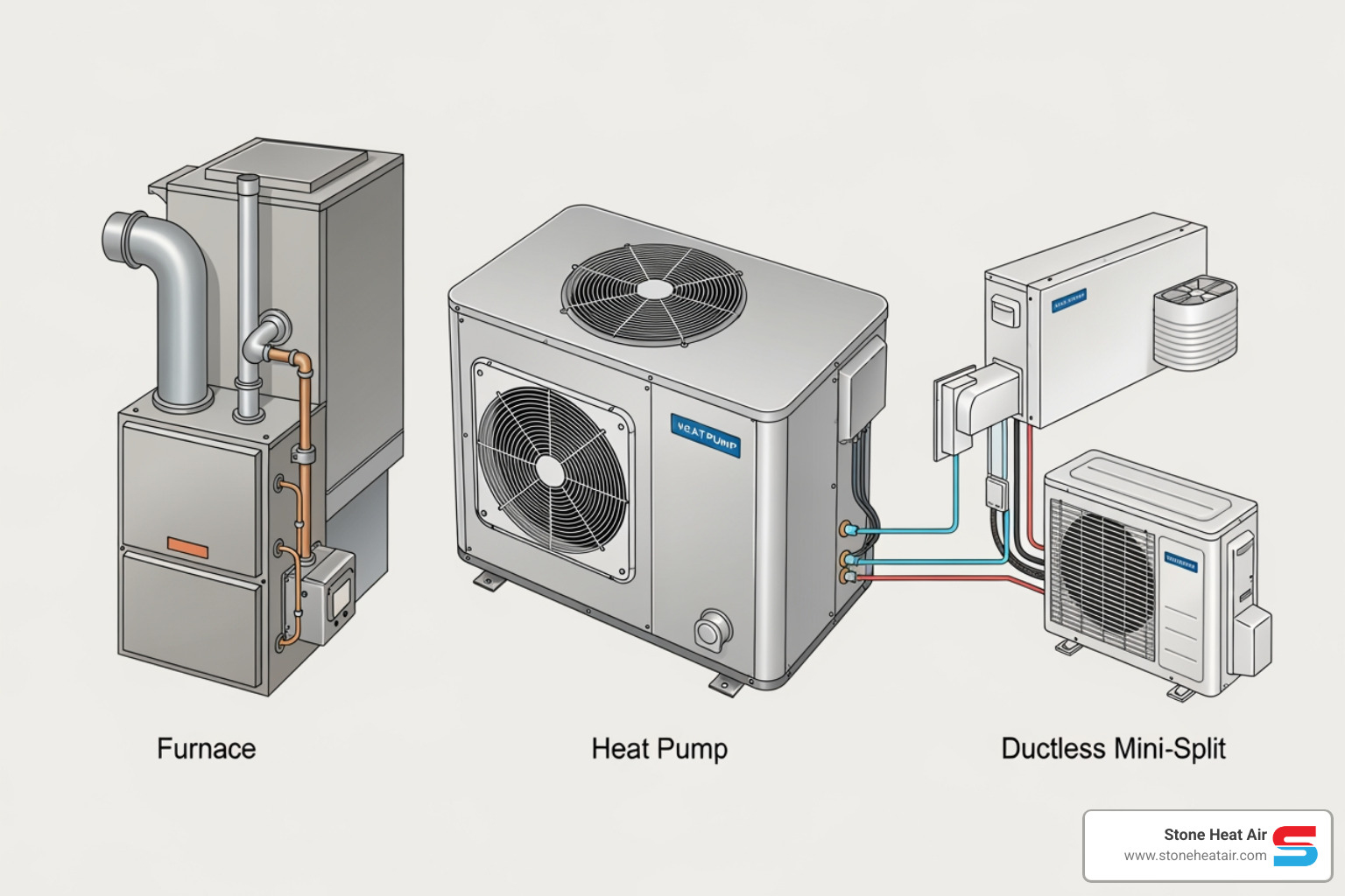 diagrams of a furnace, a heat pump, and a ductless mini-split system - best heating company in central point or diagrams of a furnace, a heat pump, and a ductless mini-split system - best heating company in central point or