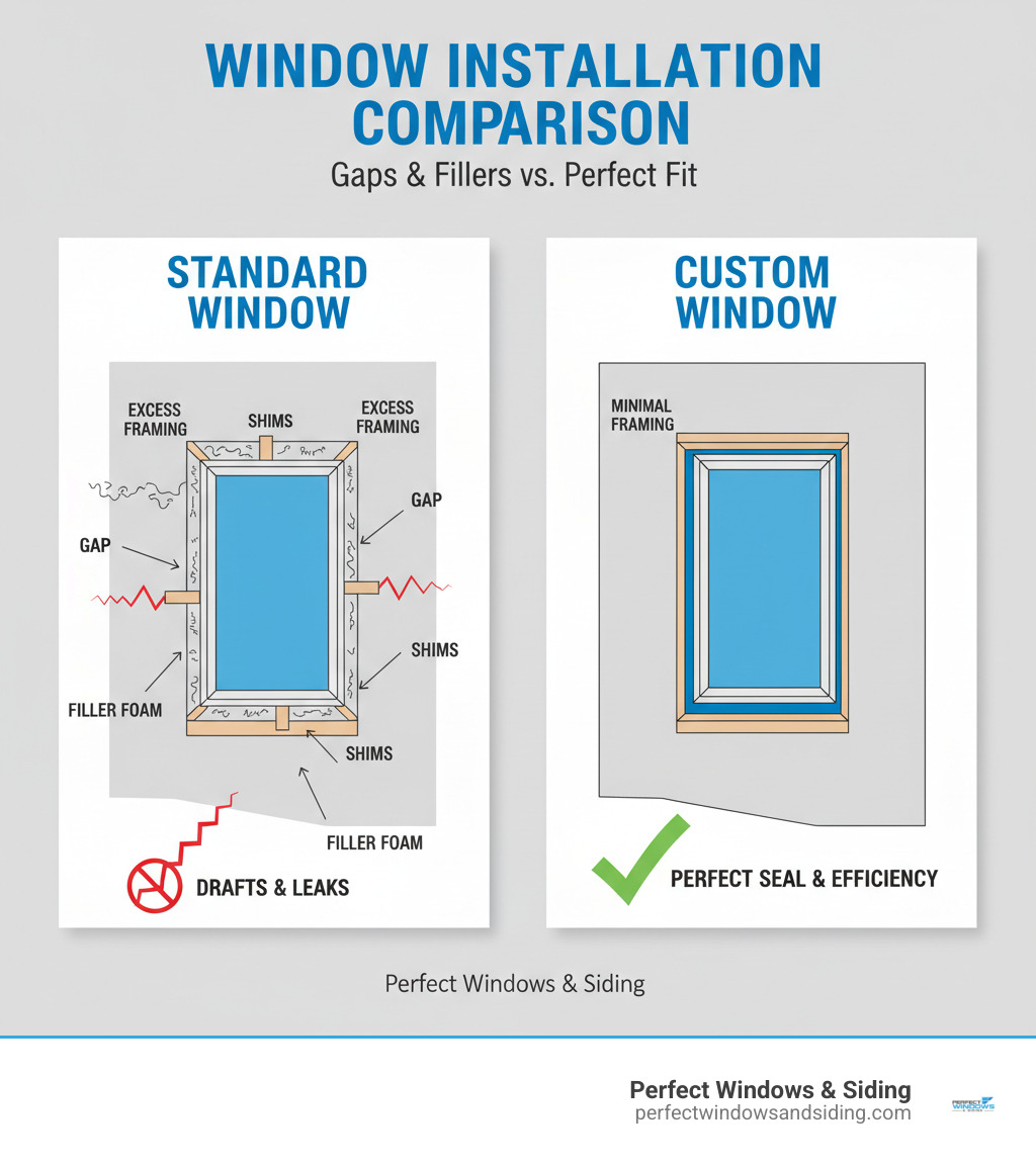 Infographic comparing standard window installation with gaps and fillers versus custom sized window with perfect fit, showing cross-section views of both installations with labels pointing out gaps, shims, and excess framing needed for standard windows, contrasted with the seamless fit of custom windows with no gaps, proper insulation, and minimal framing - Custom sized windows infographic 