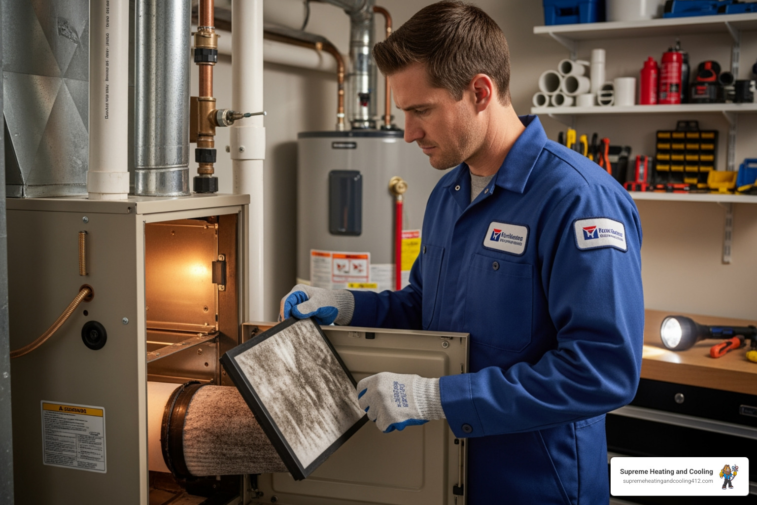technician examining furnace filter - "Find top-rated companies for heating repair in Bethel Park, PA."