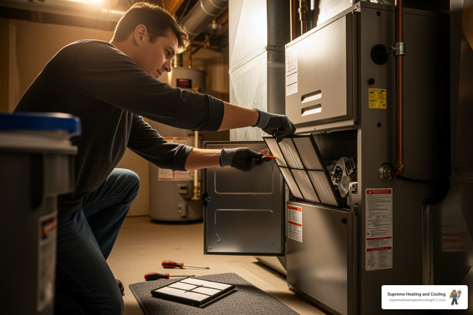 homeowner changing furnace filter - "Find top-rated companies for heating repair in Bethel Park, PA."