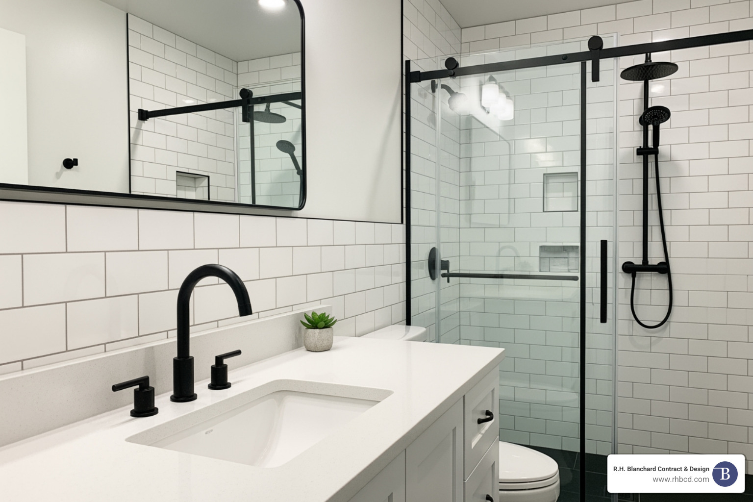 bathroom featuring classic subway tile and modern black fixtures - Bathroom remodeling Boston MA bathroom featuring classic subway tile and modern black fixtures - Bathroom remodeling Boston MA