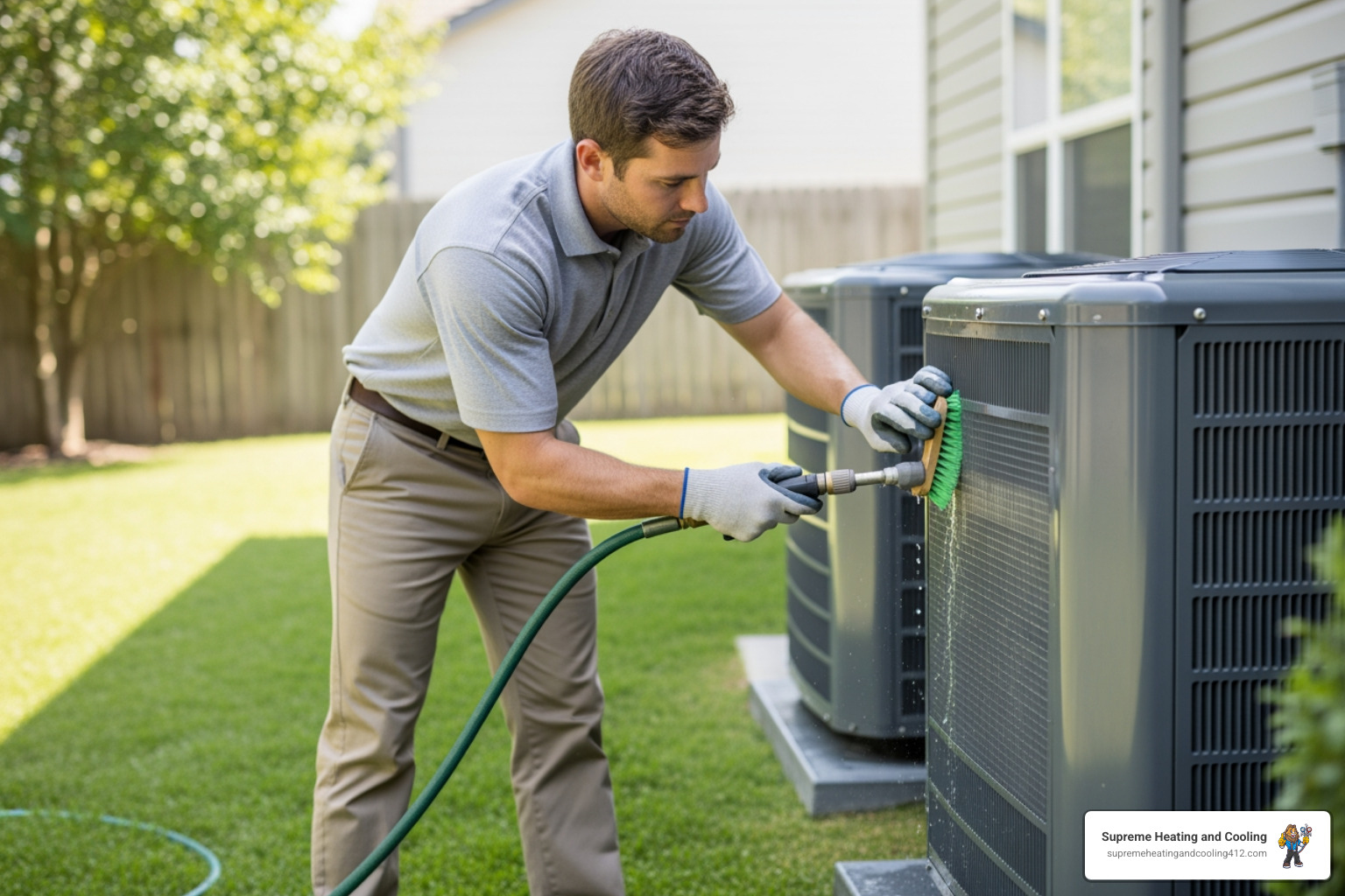 Technician cleaning the outdoor coil of a heat pump - "Can you recommend a certified heat pump technician in Murrysville, PA for a maintenance check?"
