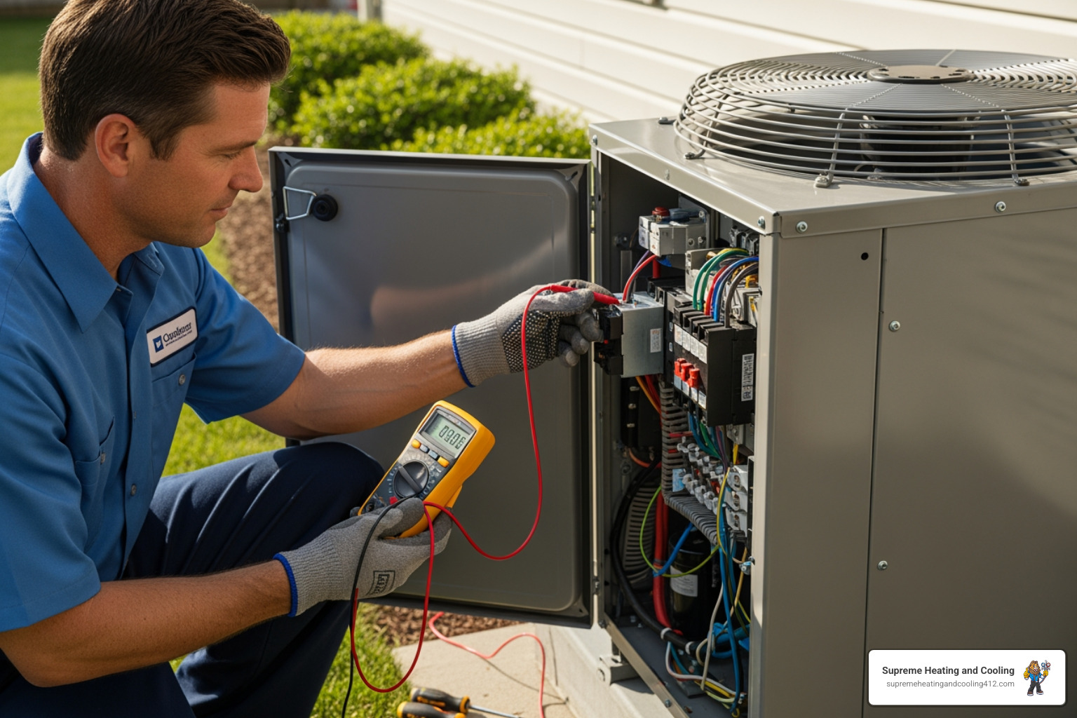 Technician using a multimeter to check electrical components on a heat pump - "Can you recommend a certified heat pump technician in Murrysville, PA for a maintenance check?"