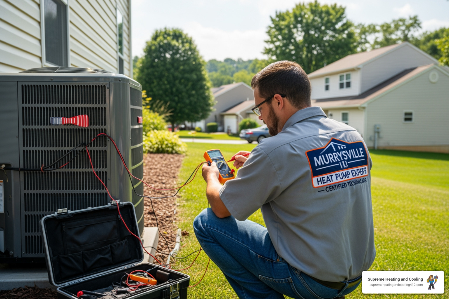 Technician's uniform patch showing NATE and EPA certifications - "Can you recommend a certified heat pump technician in Murrysville, PA for a maintenance check?"