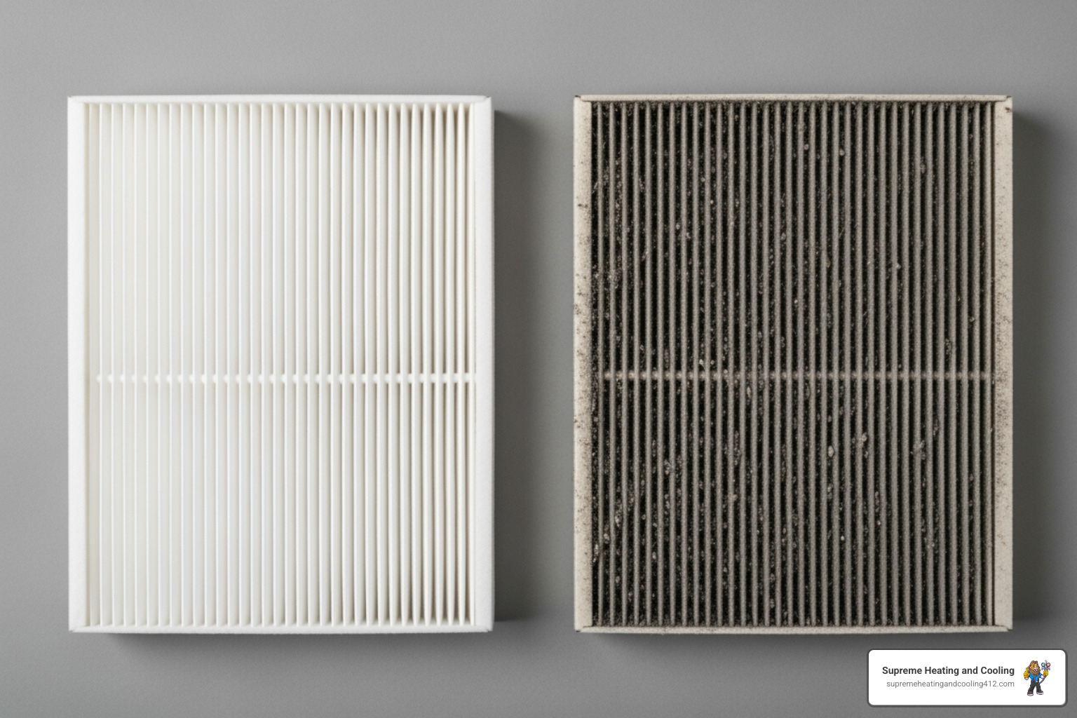 a clean HVAC air filter next to a dirty one - "My heat pump is leaking water in Wexford, PA. Who should I call for a repair?