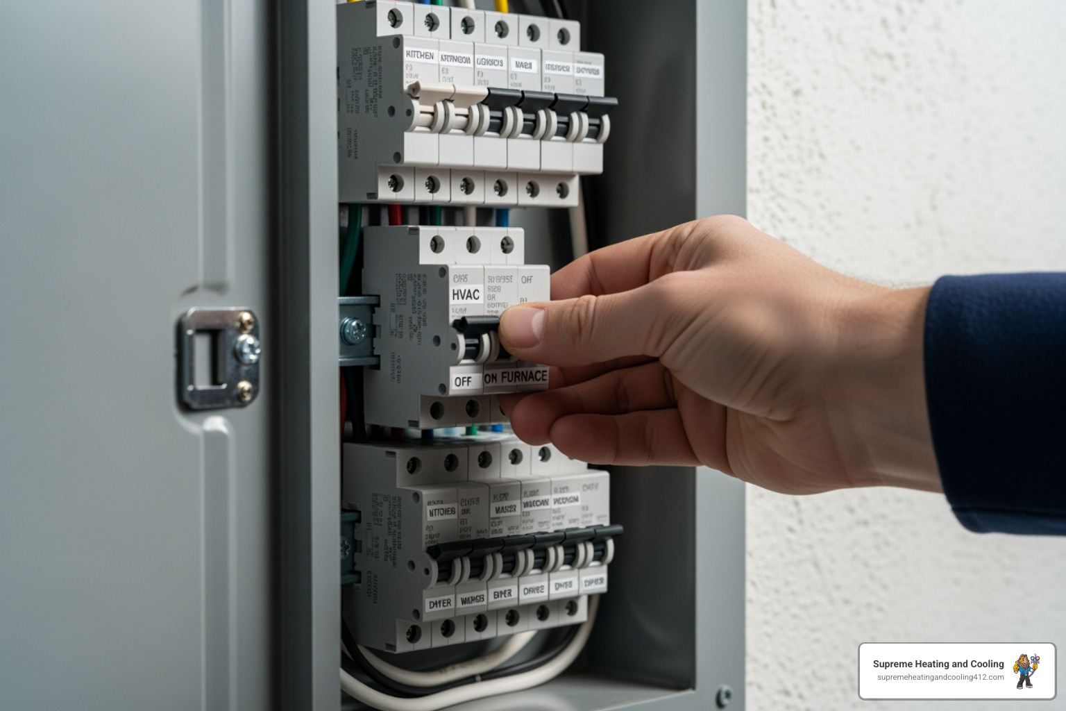 a homeowner turning off the power to their HVAC system at the circuit breaker - "My heat pump is leaking water in Wexford, PA. Who should I call for a repair?