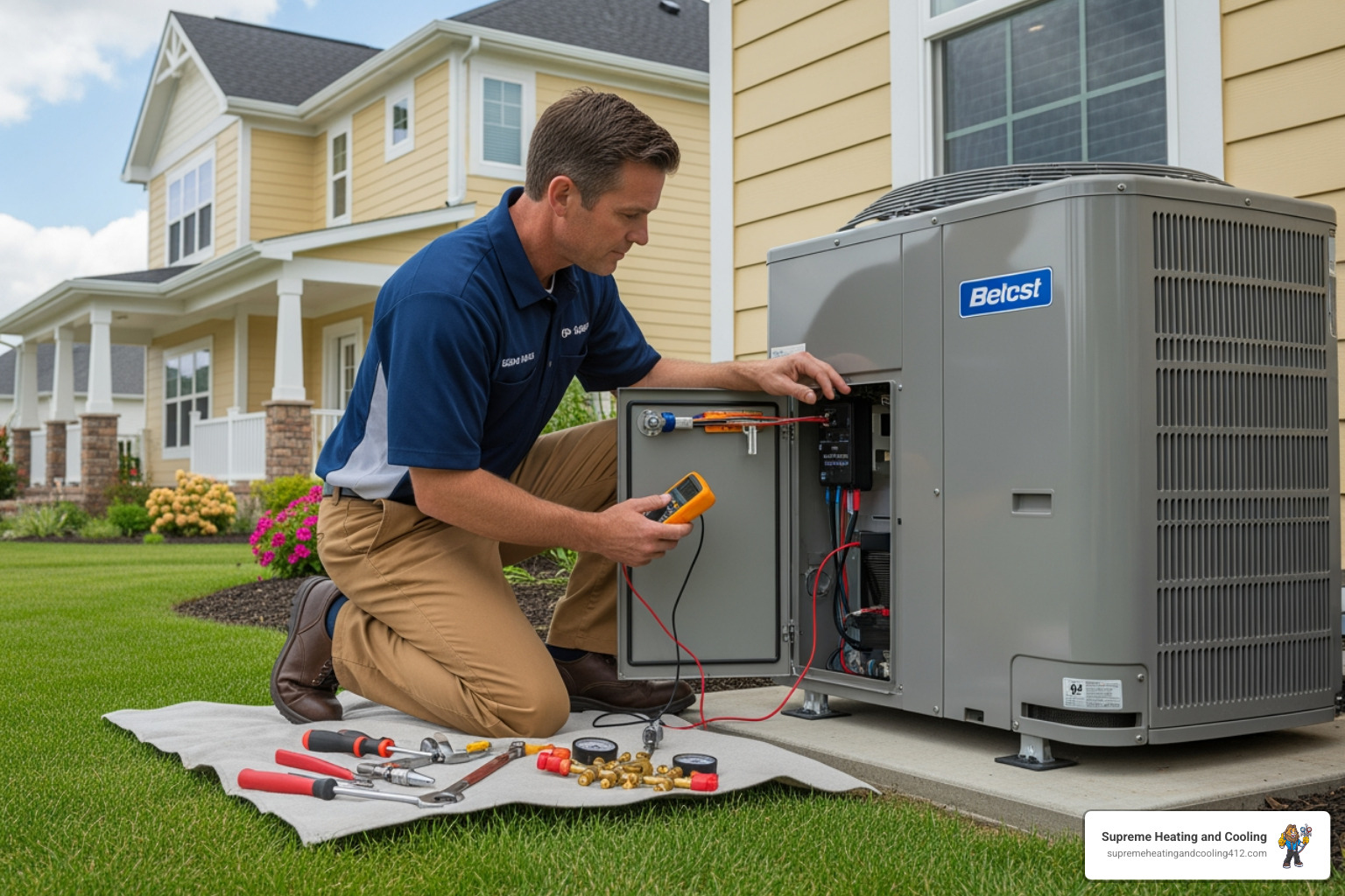 a professional HVAC technician inspecting a heat pump - "My heat pump is leaking water in Wexford, PA. Who should I call for a repair?