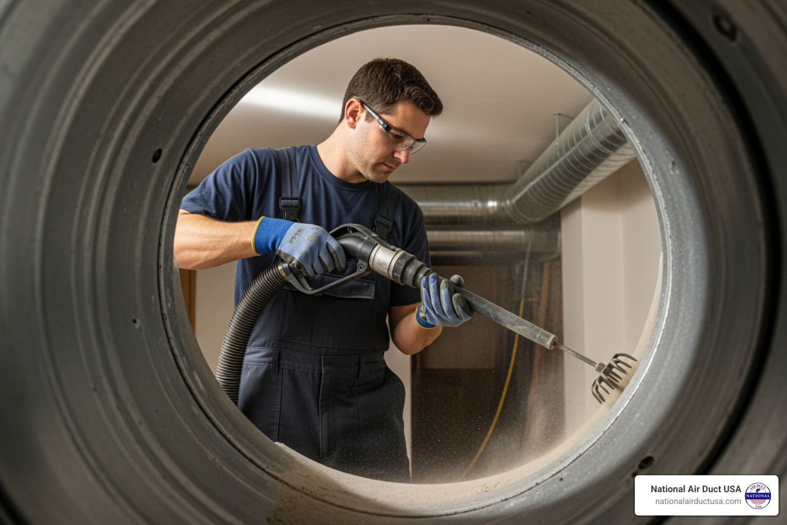 A technician using a high-powered vacuum and agitation tool on a duct - Air Duct Cleaning 