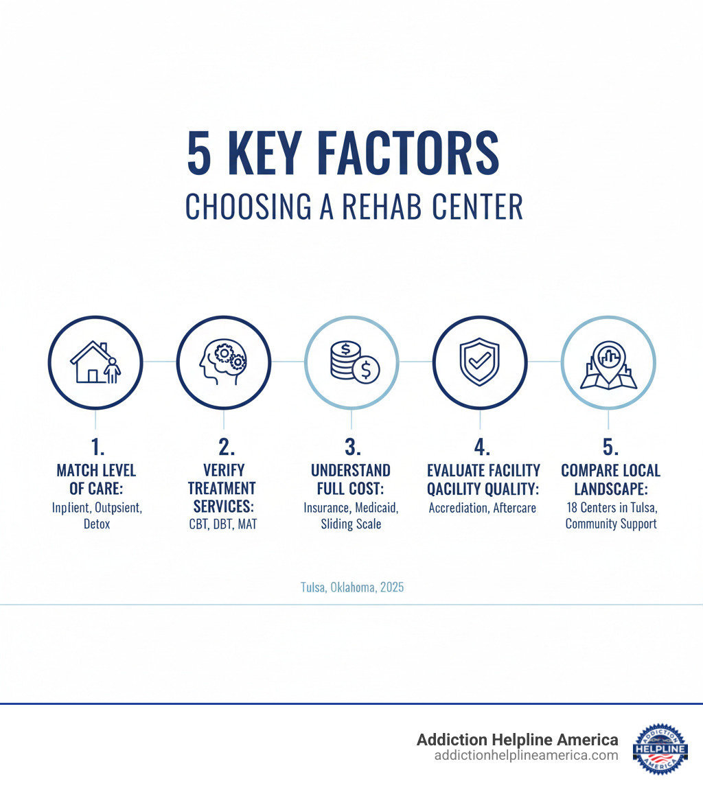 Infographic showing 5 key factors for choosing a rehab center: 1) Match level of care to personal needs (inpatient, outpatient, detox), 2) Verify treatment services and therapeutic methods (CBT, DBT, MAT), 3) Understand full cost and payment options (insurance, Medicaid, sliding scale), 4) Evaluate facility quality and long-term support (accreditation, aftercare), 5) Compare local landscape and resources (18 centers in Tulsa, community support options) - rehab centers in tulsa ok infographic Infographic showing 5 key factors for choosing a rehab center: 1) Match level of care to personal needs (inpatient, outpatient, detox), 2) Verify treatment services and therapeutic methods (CBT, DBT, MAT), 3) Understand full cost and payment options (insurance, Medicaid, sliding scale), 4) Evaluate facility quality and long-term support (accreditation, aftercare), 5) Compare local landscape and resources (18 centers in Tulsa, community support options) - rehab centers in tulsa ok infographic