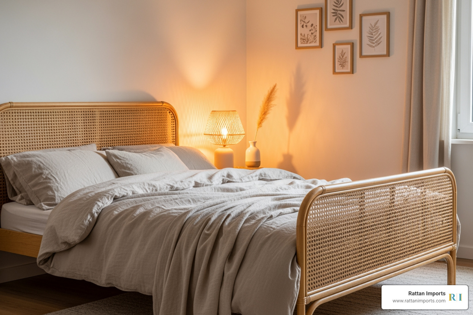 comfortable bedroom with rattan bed and linen bedding - Timeless home design