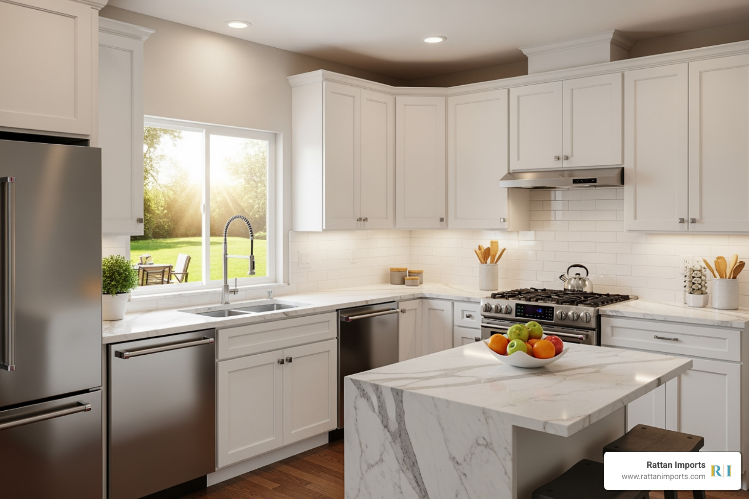kitchen with white shaker cabinets, medium-toned wood floors, and a marble-look countertop - Timeless home design