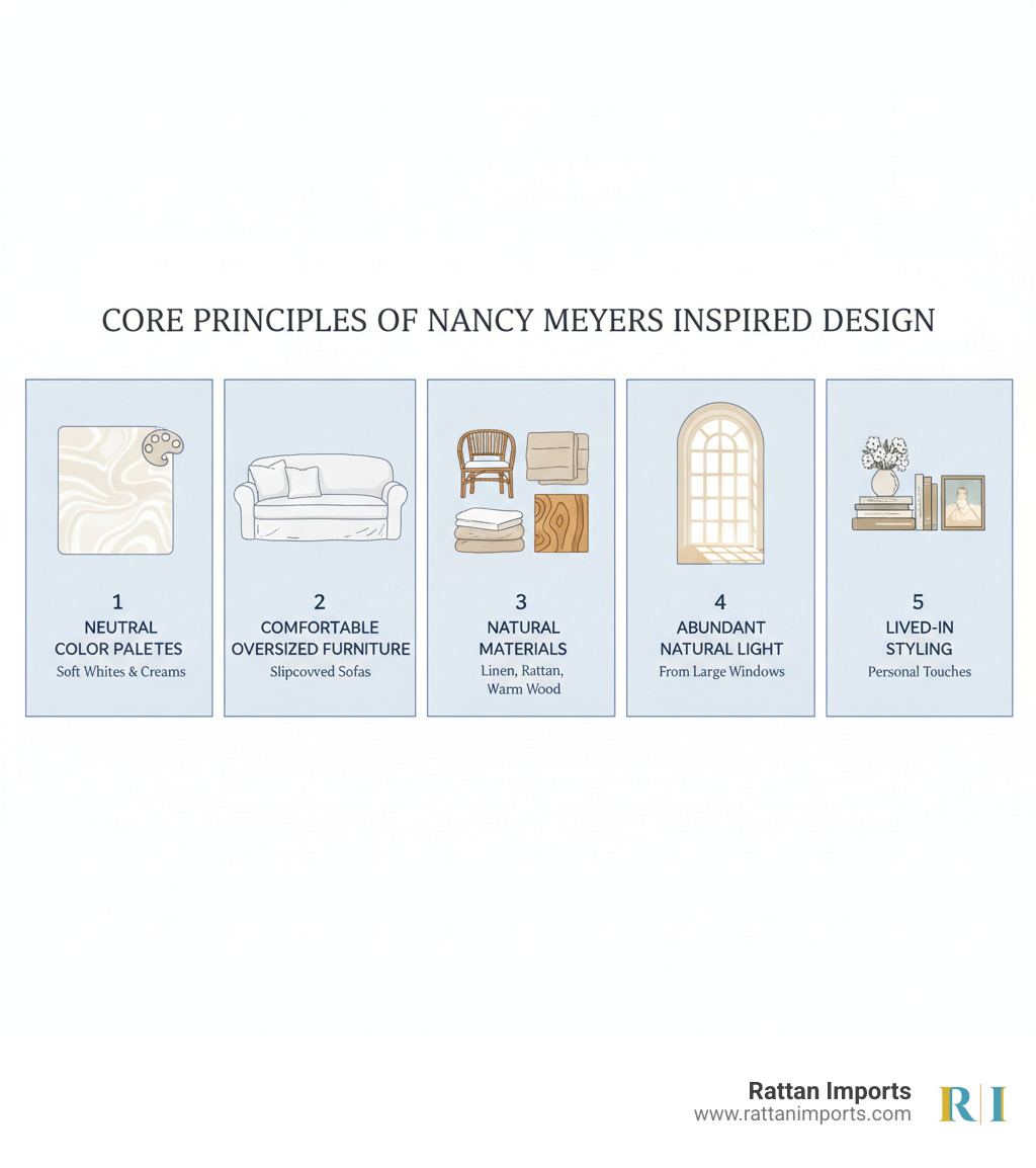 infographic showing five core principles: 1. Neutral Color Palettes with soft whites and creams, 2. Comfortable Oversized Furniture including slipcovered sofas, 3. Natural Materials like linen, rattan, and warm wood, 4. Abundant Natural Light from large windows, 5. Lived-In Styling with books, flowers, and personal touches - what is nancy meyers inspired interior design infographic infographic showing five core principles: 1. Neutral Color Palettes with soft whites and creams, 2. Comfortable Oversized Furniture including slipcovered sofas, 3. Natural Materials like linen, rattan, and warm wood, 4. Abundant Natural Light from large windows, 5. Lived-In Styling with books, flowers, and personal touches - what is nancy meyers inspired interior design infographic