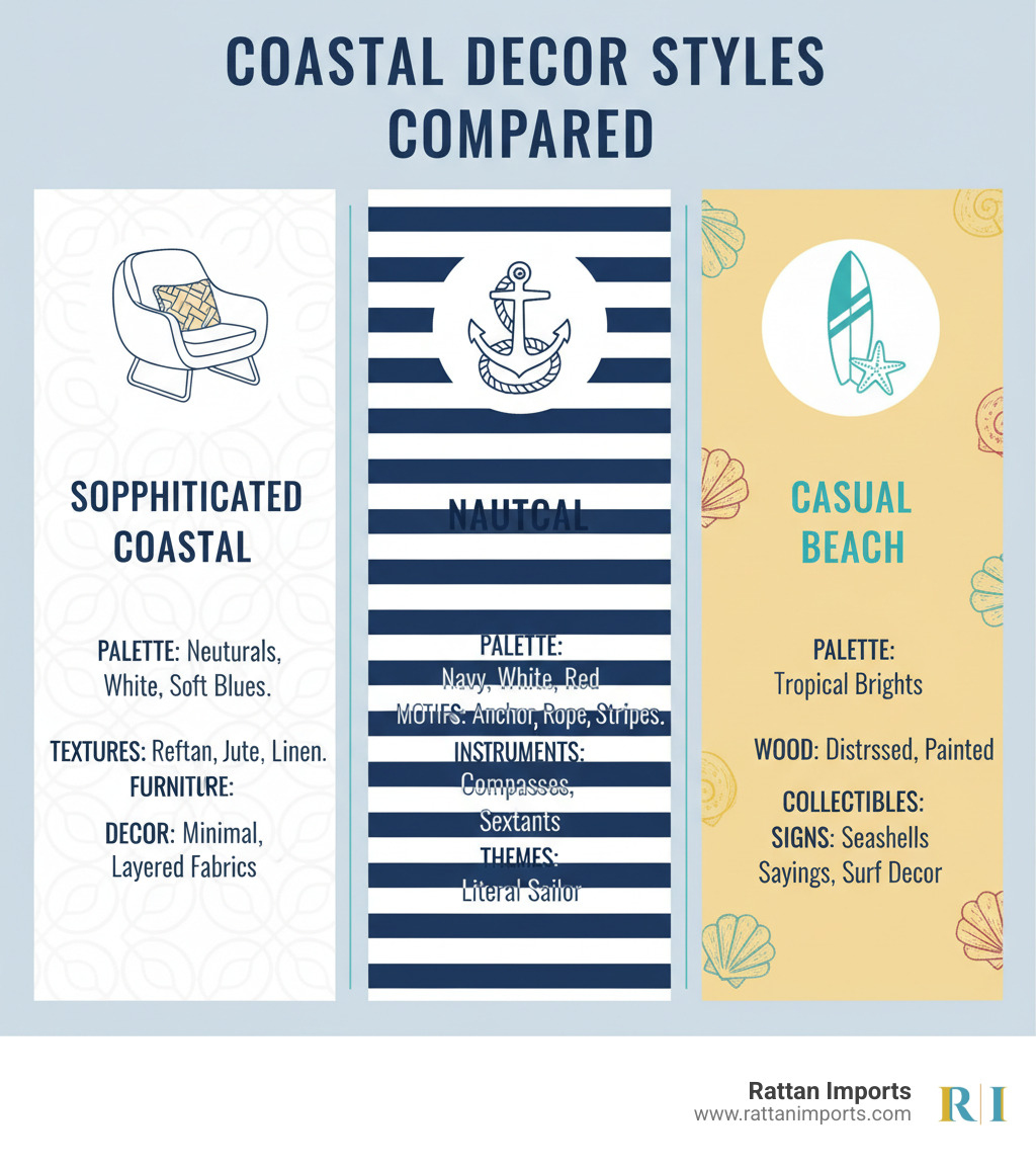 Infographic comparing three coastal styles: Sophisticated Coastal features neutral palettes with whites and soft blues, natural woven textures like rattan and jute, refined furniture with clean lines, minimal decorative objects, and layered fabrics; Nautical style shows navy, white and red colors, anchor and rope motifs, striped patterns, maritime instruments, and literal sailor themes; Casual Beach displays bright tropical colors, distressed painted wood, seashell collections, beach signs with sayings, and playful surfboard decor - Sophisticated coastal decor infographic 