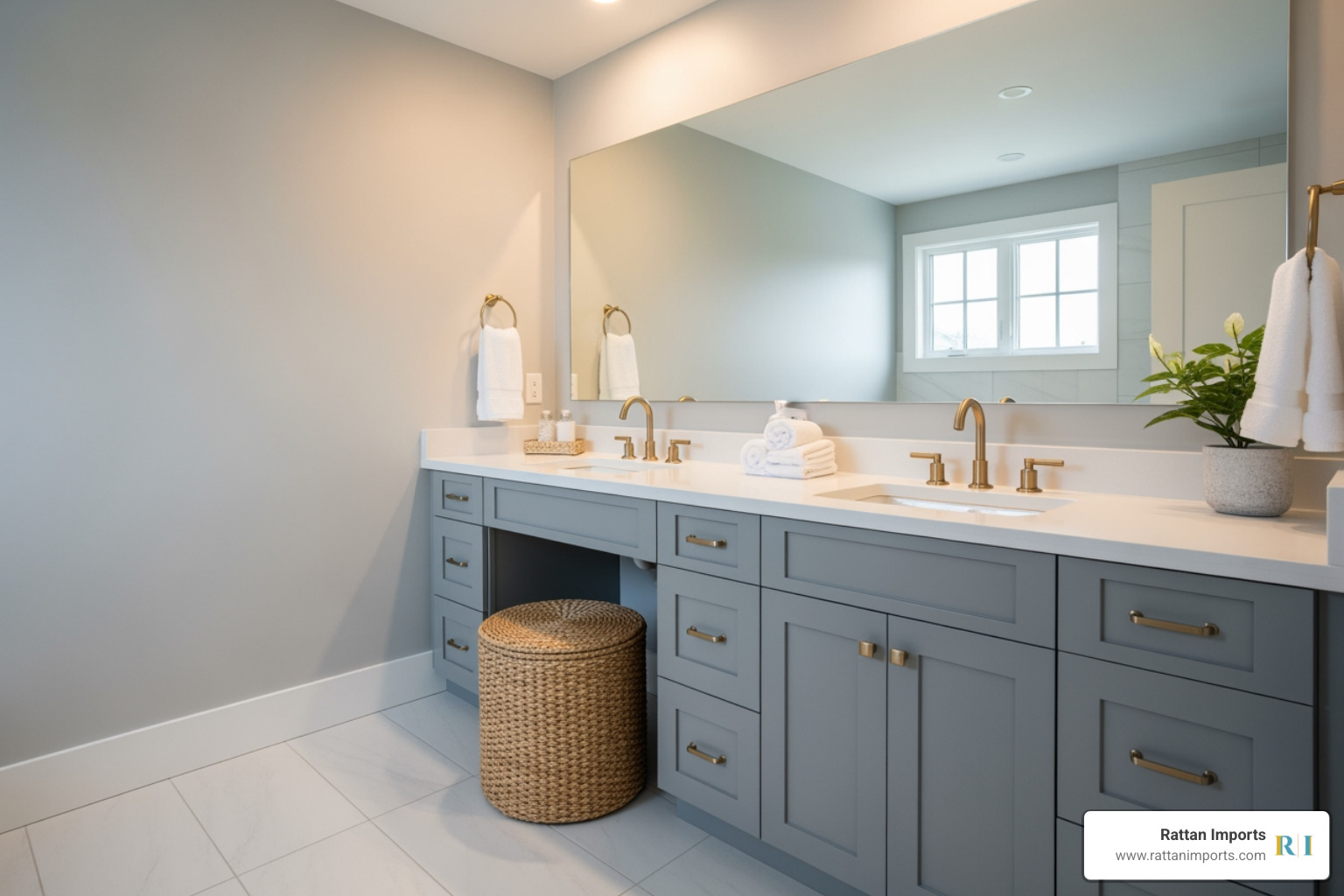 Bathroom with a grey vanity, brass faucets, and a woven stool - Sophisticated coastal decor