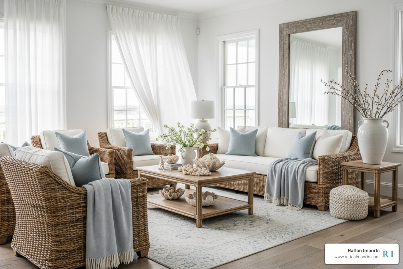 coastal grandmother living room with wicker accents - Coastal grandmother aesthetic