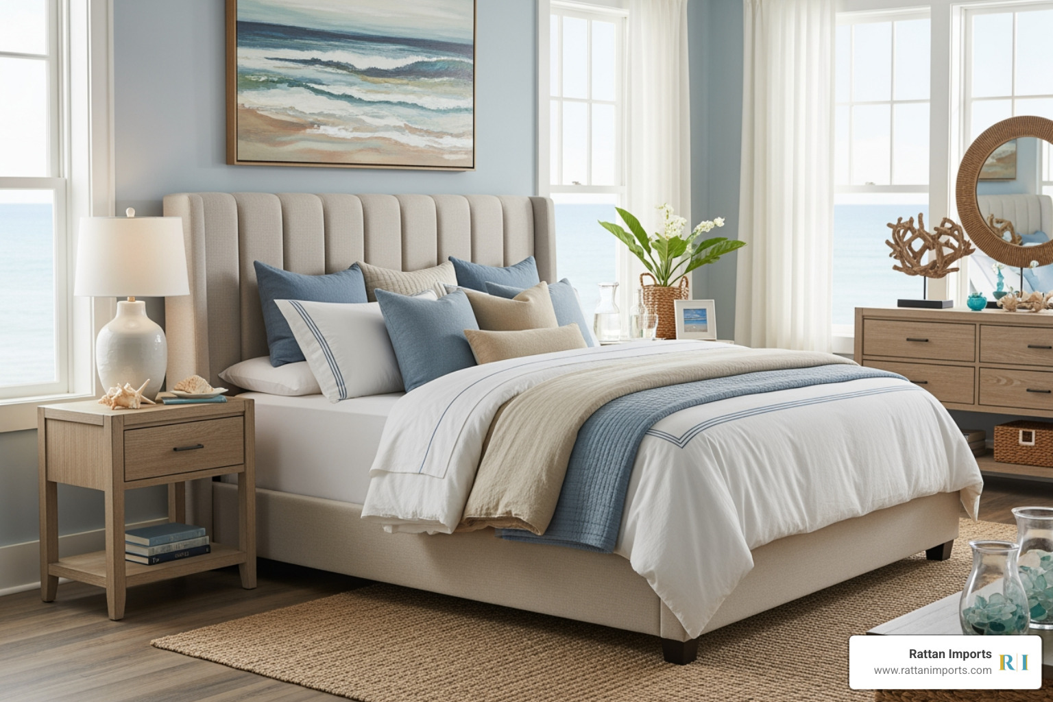 Sophisticated coastal bedroom with upholstered bed and natural wood nightstands - Sophisticated coastal decor