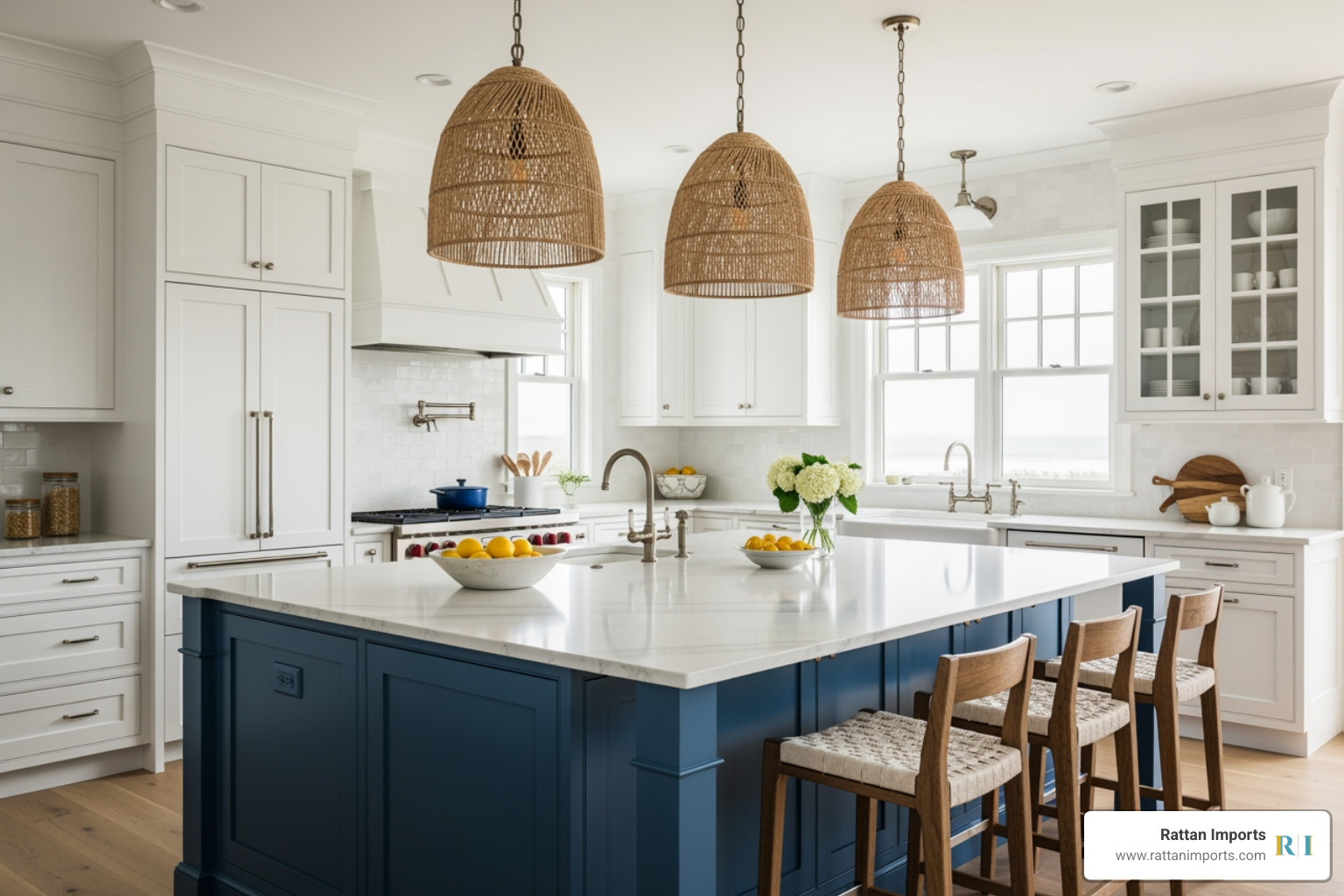 Chic coastal kitchen with white cabinets, a blue island, and woven pendant lights - Sophisticated coastal decor