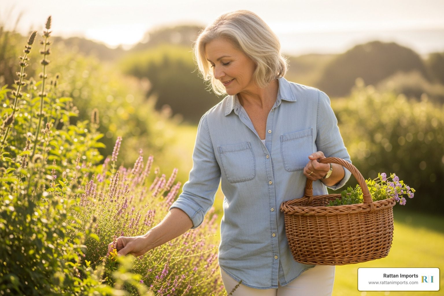 woman gardening with wicker basket - Coastal grandmother aesthetic