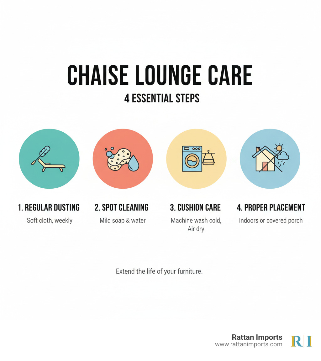 Infographic showing 4 key steps to Spice Islands chaise lounge care: Step 1 Regular Dusting with soft cloth weekly, Step 2 Spot Cleaning using mild soap and water for stains, Step 3 Cushion Care including machine washing covers in cold water and air drying, Step 4 Proper Placement indoors or covered porch away from direct sun and rain - Spice Islands chaise lounge infographic Infographic showing 4 key steps to Spice Islands chaise lounge care: Step 1 Regular Dusting with soft cloth weekly, Step 2 Spot Cleaning using mild soap and water for stains, Step 3 Cushion Care including machine washing covers in cold water and air drying, Step 4 Proper Placement indoors or covered porch away from direct sun and rain - Spice Islands chaise lounge infographic