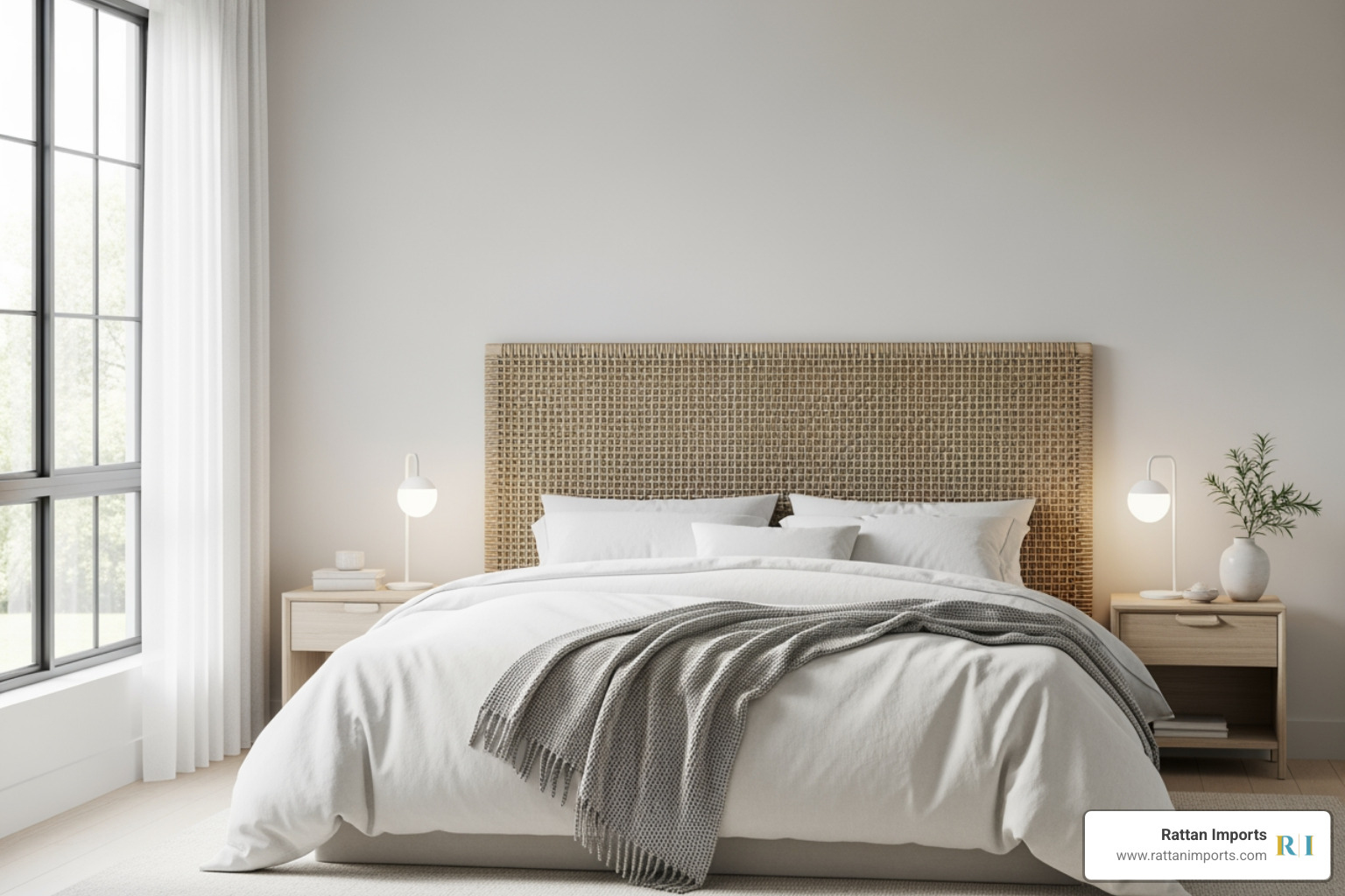 king-size woven headboard styled in a modern minimalist bedroom with neutral tones - woven headboards king