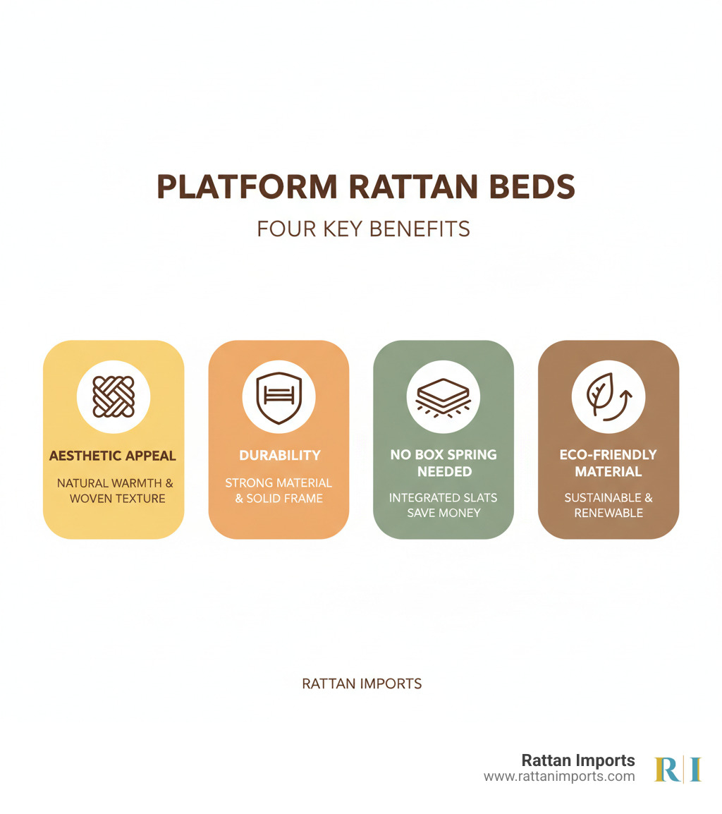Infographic showing four key benefits of platform rattan beds: 1) Aesthetic Appeal - natural warmth and textural interest with woven patterns, 2) Durability - strong rattan material paired with solid wood or metal frames, 3) No Box Spring Needed - integrated slat systems save money and space, 4) Eco-Friendly Material - sustainable and rapidly renewable natural resource - platform rattan bed infographic 