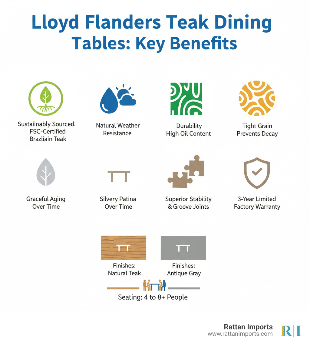 infographic showing the key benefits of Lloyd Flanders teak dining tables: sustainably sourced FSC-certified Brazilian teak with high oil content for natural weather resistance, tight grain structure preventing decay and insect damage, graceful aging to silvery patina over time, tongue and groove joint construction for stability, available in natural or Antique Gray finishes, seating capacities from 4 to 8+ people, and 3-year limited factory warranty - lloyd flanders teak dining table infographic infographic showing the key benefits of Lloyd Flanders teak dining tables: sustainably sourced FSC-certified Brazilian teak with high oil content for natural weather resistance, tight grain structure preventing decay and insect damage, graceful aging to silvery patina over time, tongue and groove joint construction for stability, available in natural or Antique Gray finishes, seating capacities from 4 to 8+ people, and 3-year limited factory warranty - lloyd flanders teak dining table infographic